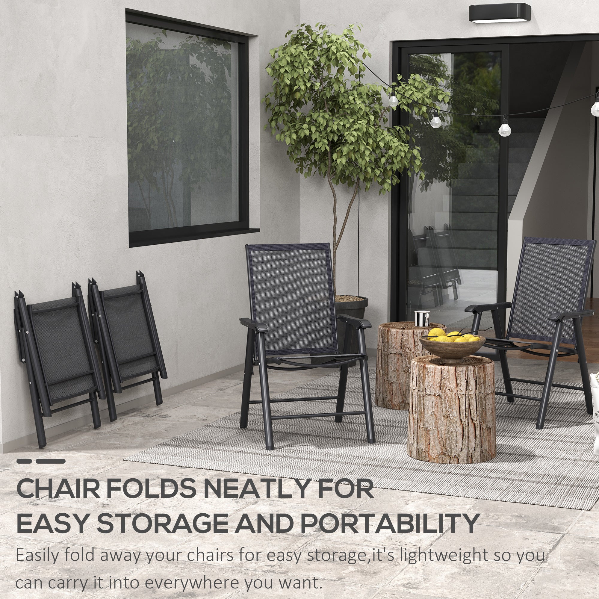 Set of 4 Folding Garden Chairs with Breathable Texteline Seats - Black