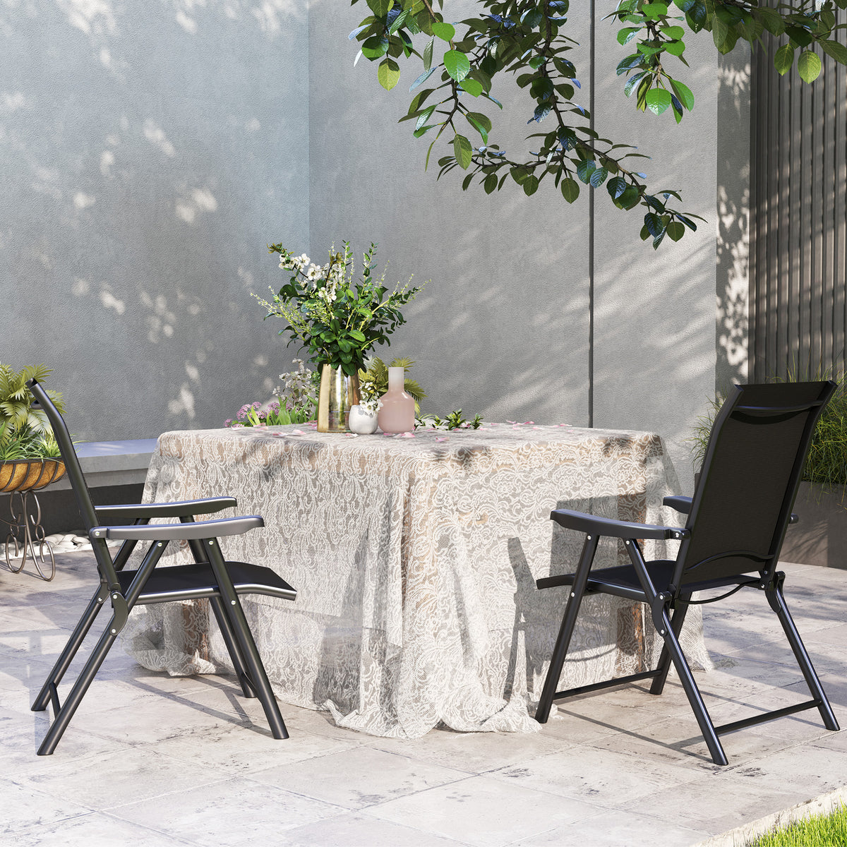 Set of 2 Folding Outdoor Chairs with Breathable Mesh Seats and Armrests - Black