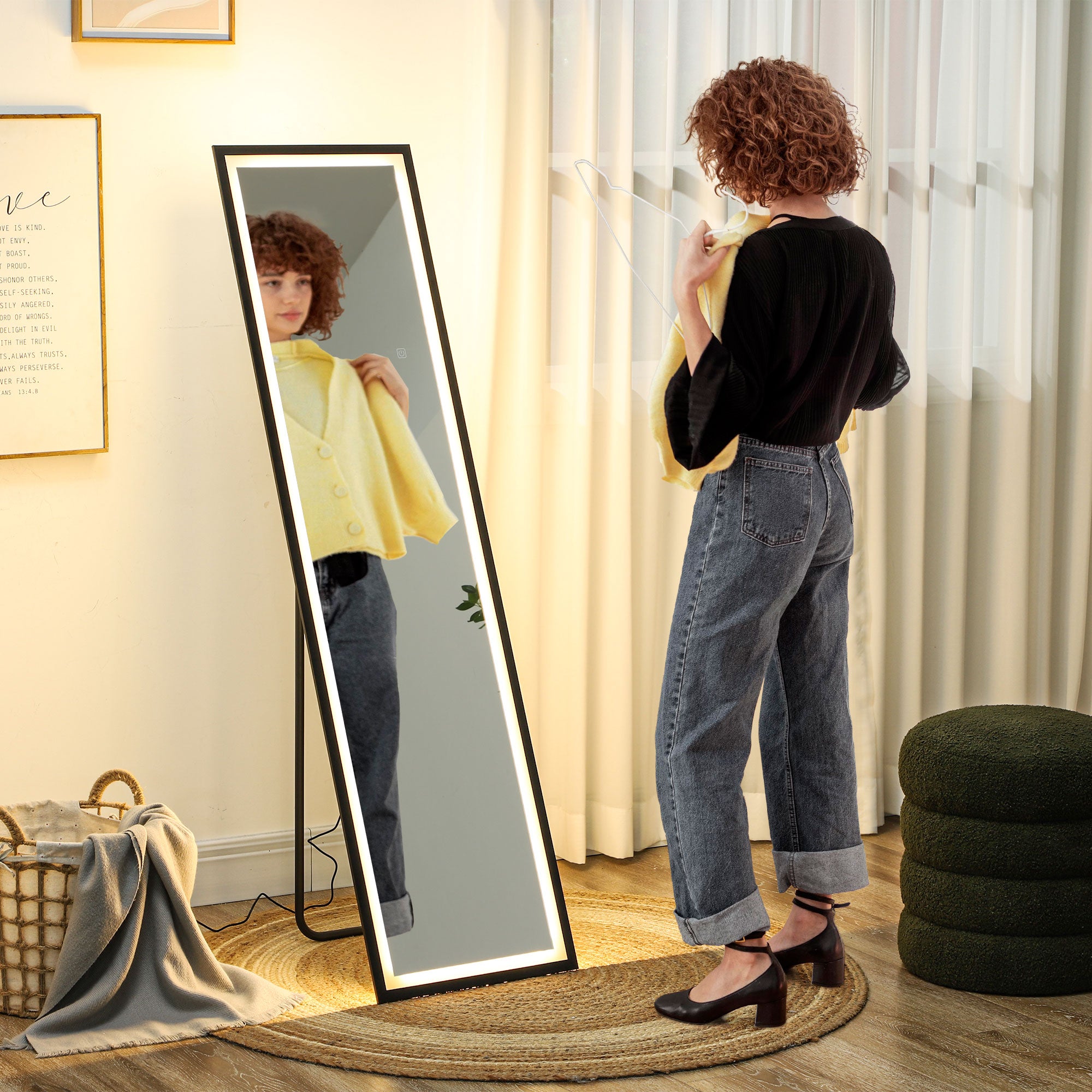 Full Length Mirror with LED Lights, 150 x 40cm Free Standing Mirror with Dimming and 3 Colour Lighting, Leaning or Wall Mirror with Metal Frame for Living Room, Bedroom, Black