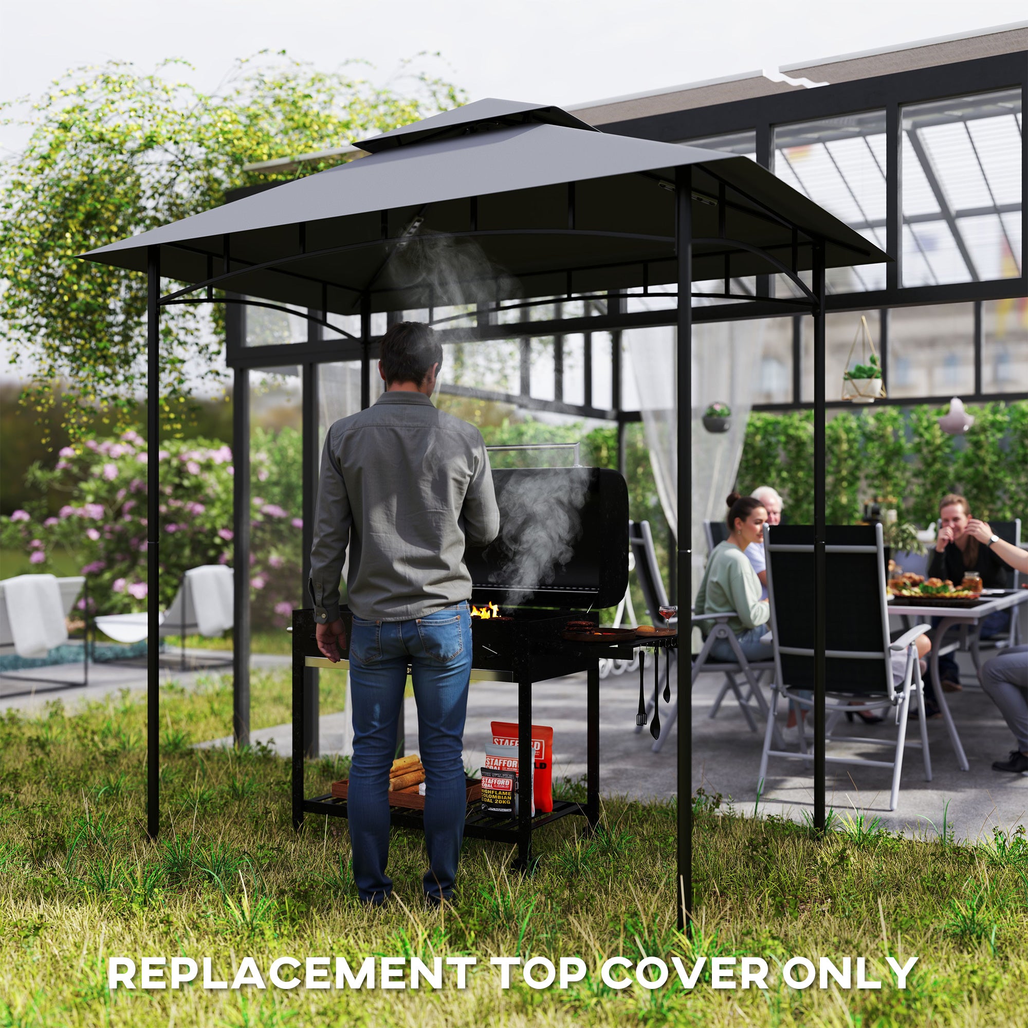 Grill Gazebo Replacement Canopy Roof for 1.5 x 2.4m Frame, UPF50+ Protection, Double Tiered 5' x 8' Outdoor BBQ Gazebo Cover Replacement, TOP COVER ONLY, Dark Grey