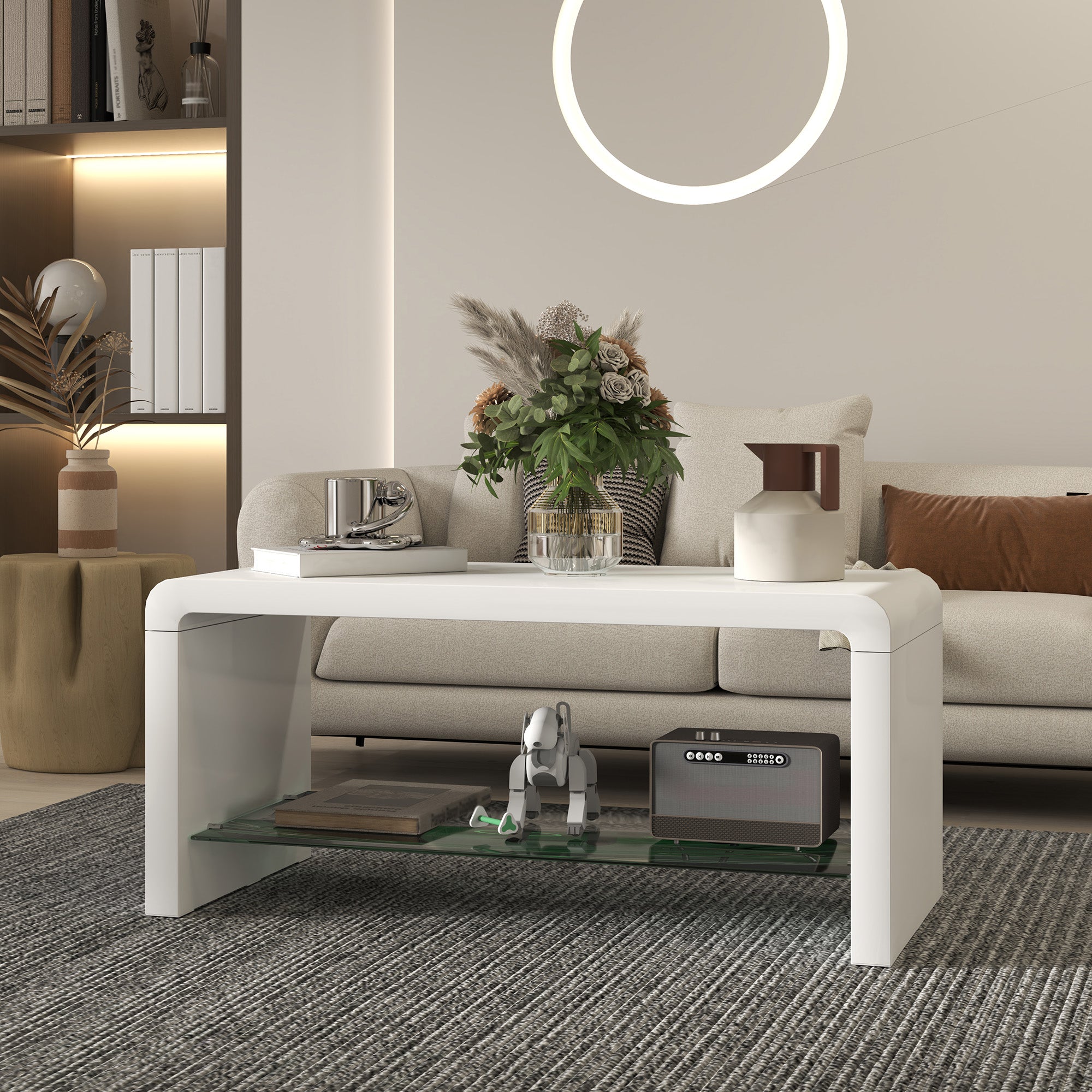 Curved Two-Tier Coffee Table with Glass Shelf - High Gloss White