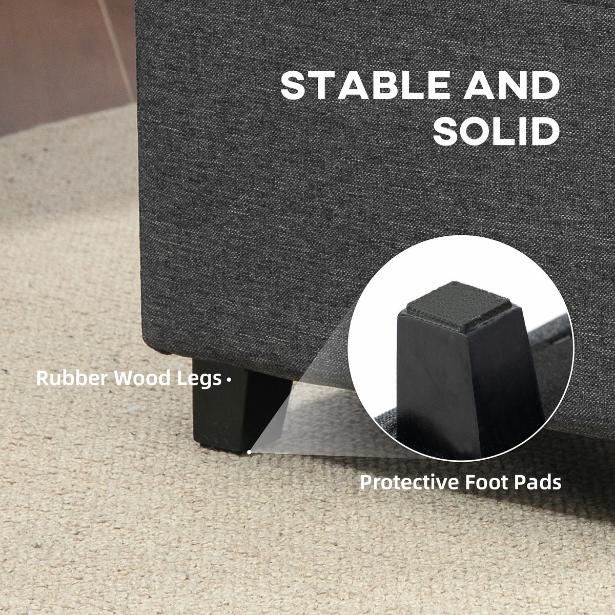 Square Small Ottoman Footstool with Side Pocket, Padded Linen Seat, Rubber Wood Legs, 35x35x35cm - Grey