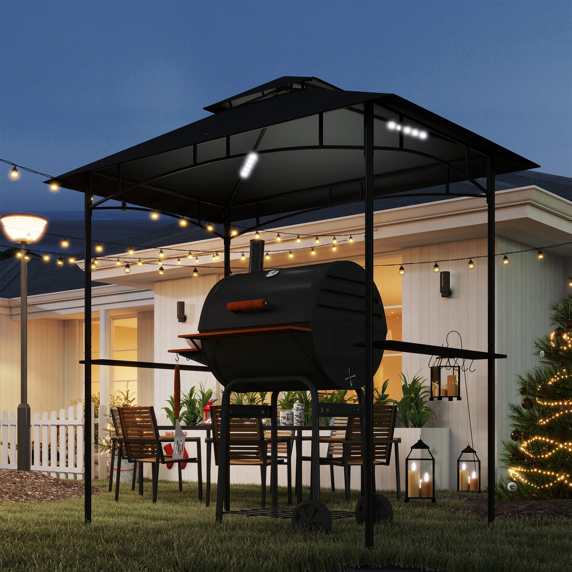 8 Foot Double Tiered BBQ Grill Gazebo with LED Lights Dark Grey