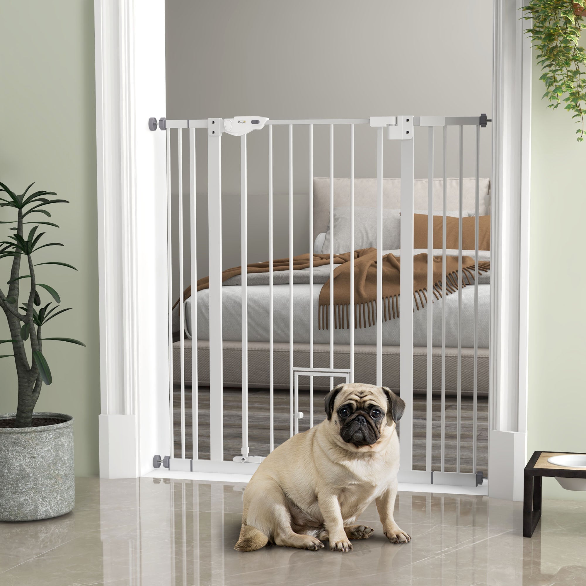 Extra Tall Pet Gate, Indoor Dog Safety Gate, with Cat Flap, Auto Close, 74-101cm Wide - White