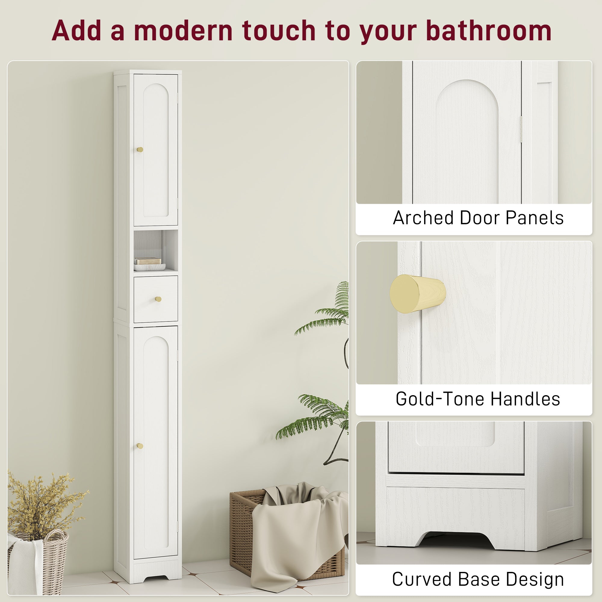 185 cm Tall Bathroom Cabinet with Arched Doors - White