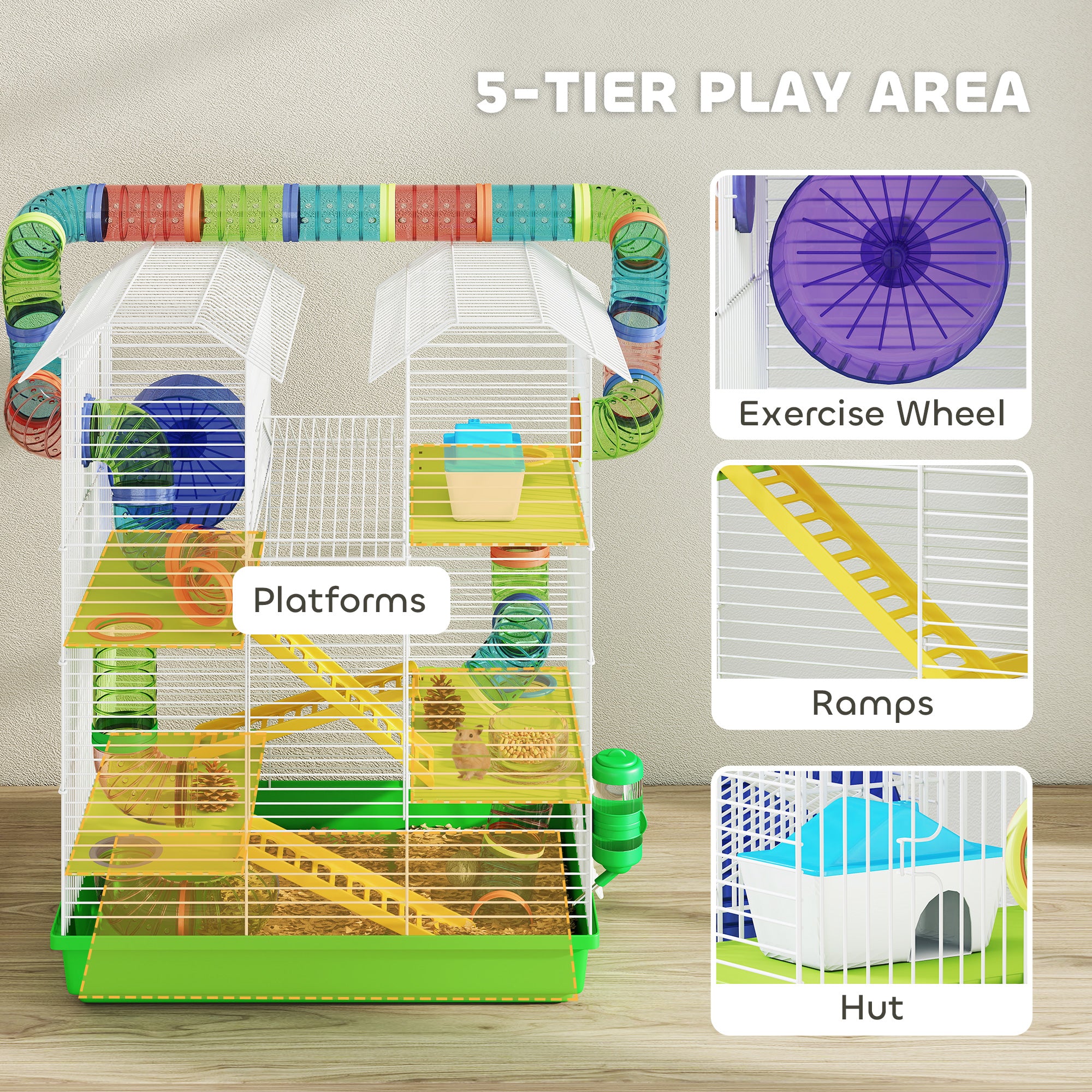 Hamster Cage, 5 Tier Carrier Habitat with Exercise Wheels Tunnel Tube Water Bottle Dishes House Ladder, Gerbil Cage for Dwarf Mice, Green