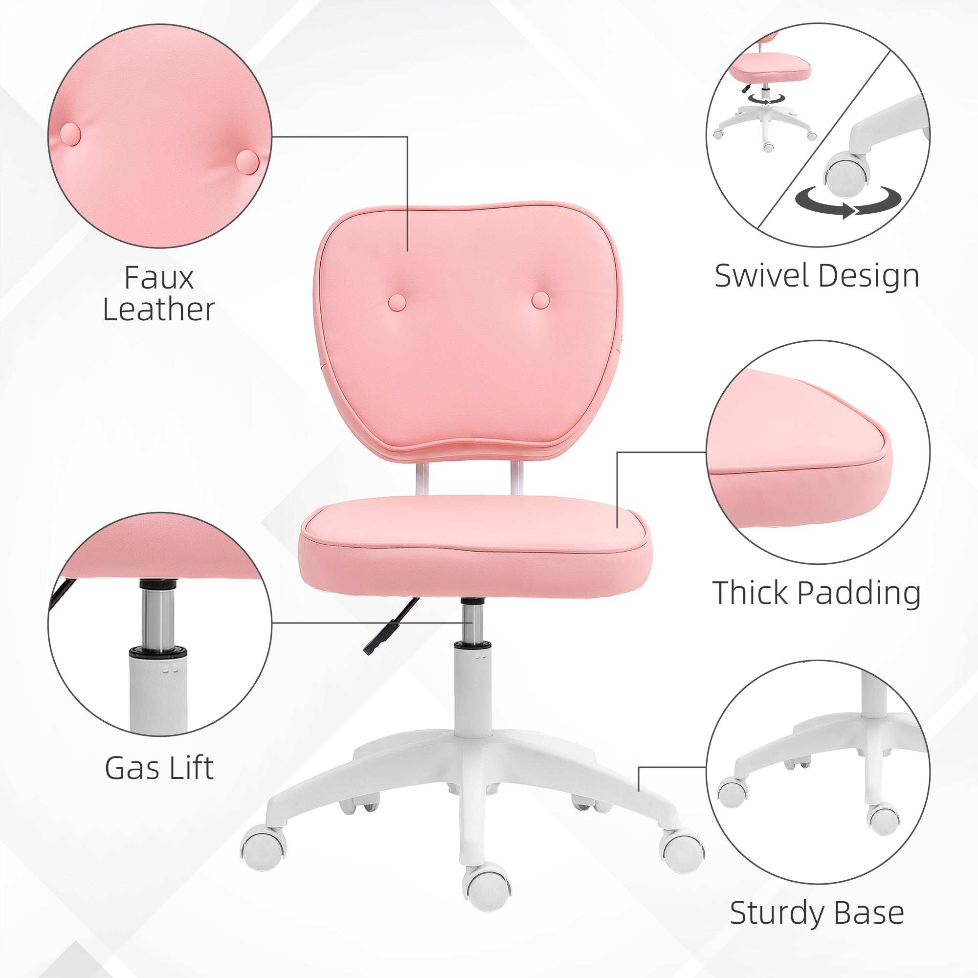 Vanity Office Chair, PU Leather Computer Chair for Home, with Adjustable Height, Armless, Swivel Wheels, Pink