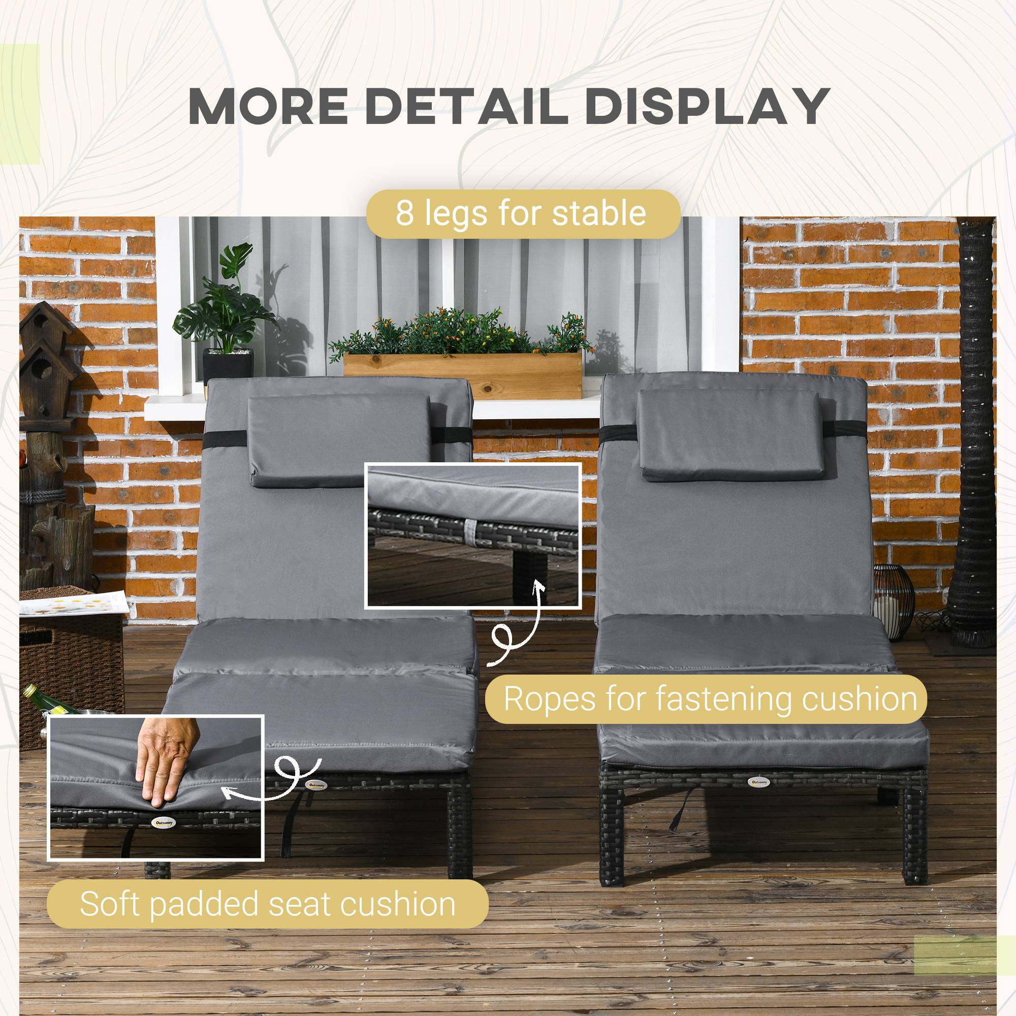 Set of Two Reclining Rattan Sun Loungers, with Cushions - Grey