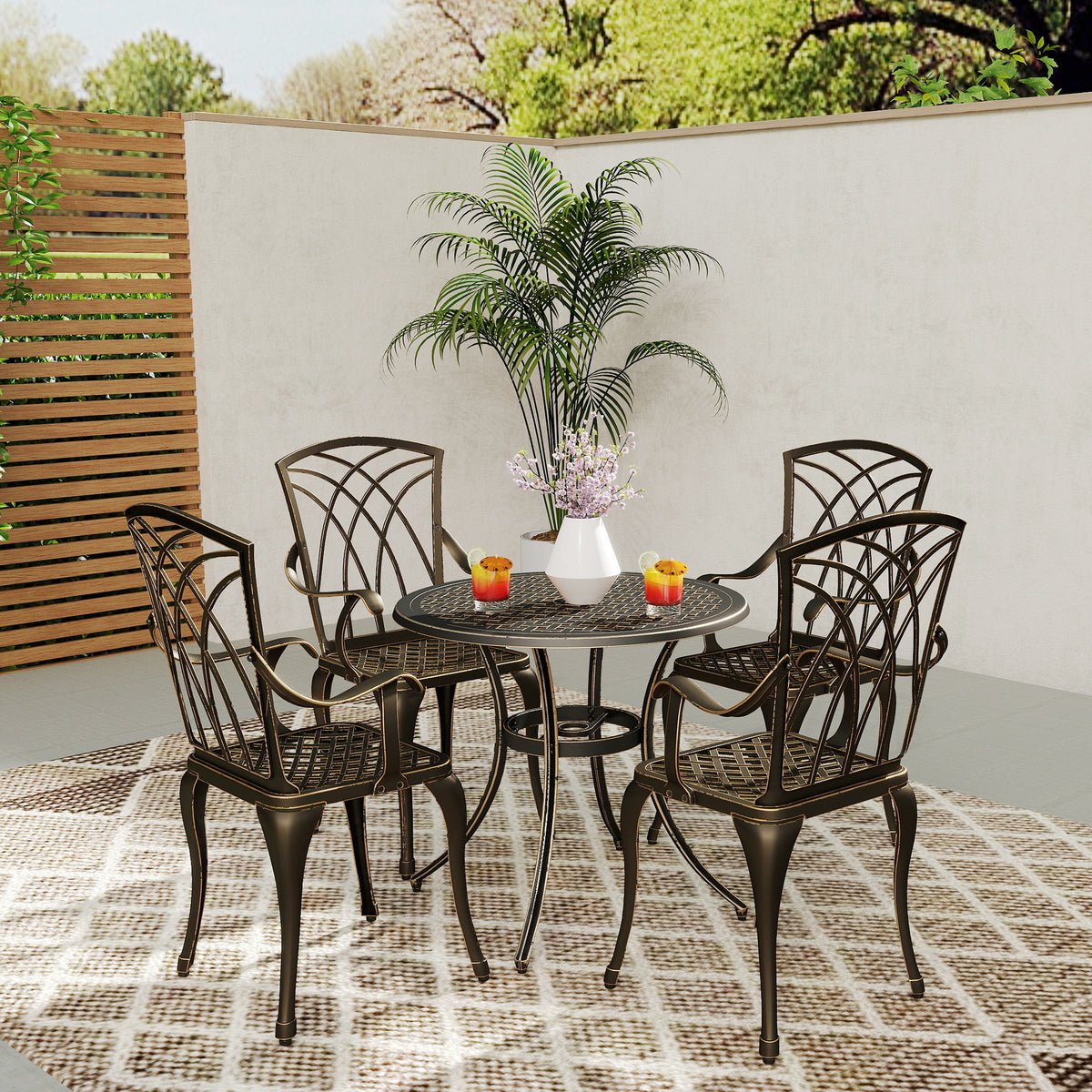 5 Piece Cast Aluminium Garden Dining Set with Parasol Hole - Bronze Tone