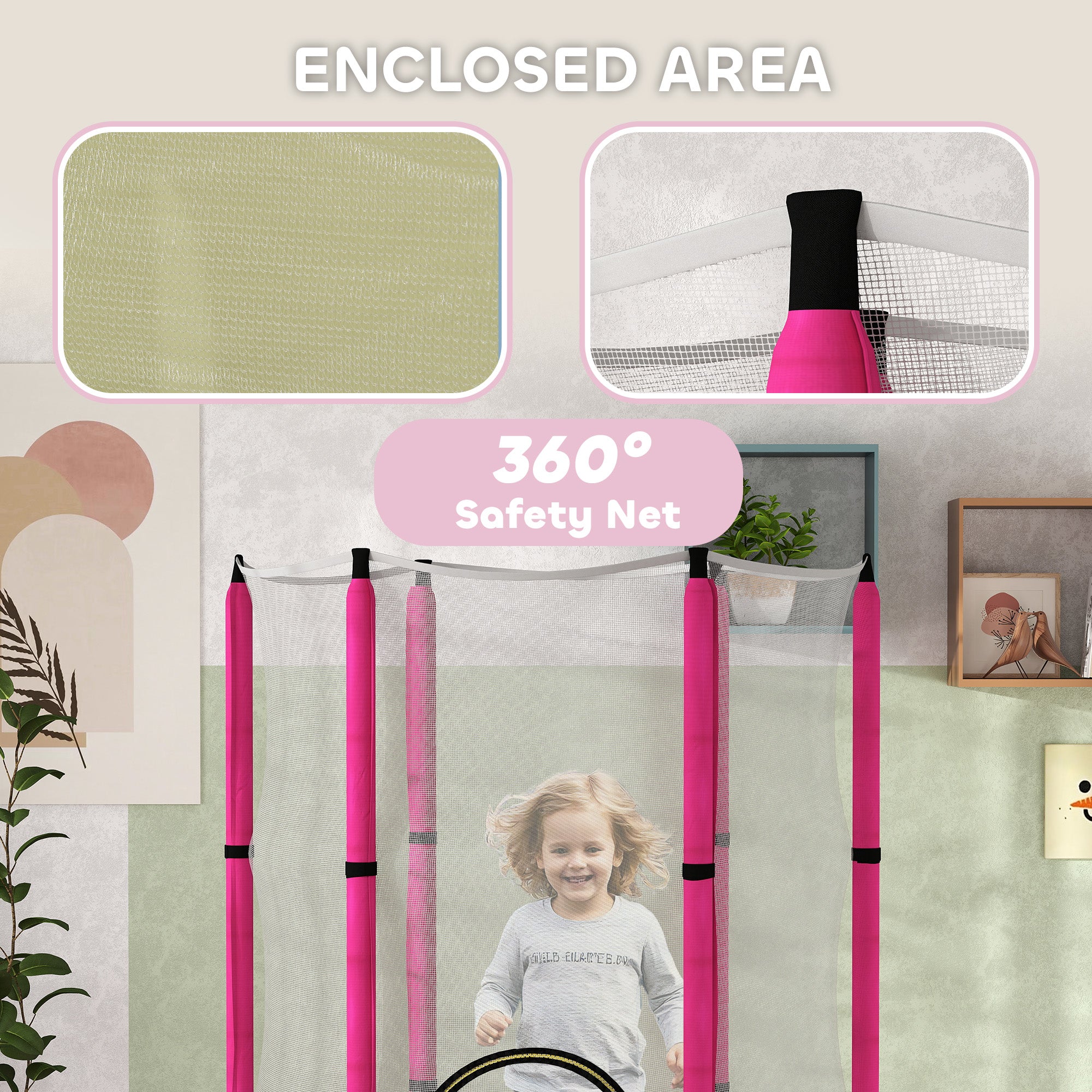 4.6FT Toddler Trampoline w/ Safety Enclosure Net, for Indoor Outdoor Use, Ages 3-6 Years, Sun Pattern - Pink