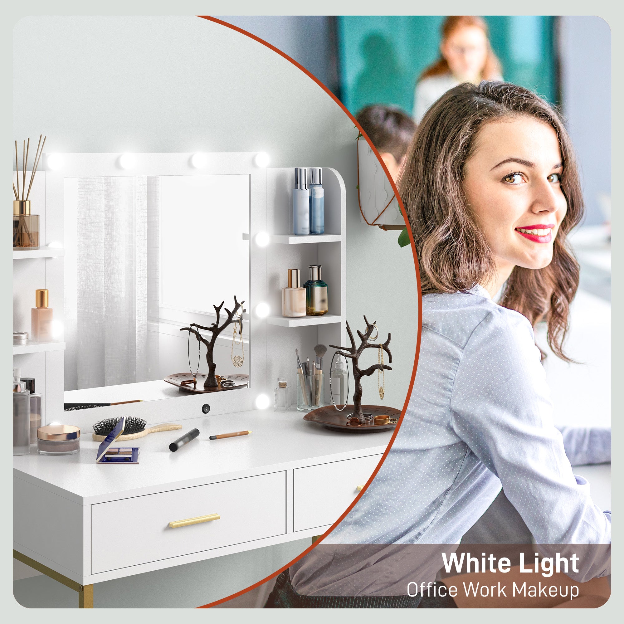 Dressing Table with Lighted Mirror, Cushioned Stool, Drawers, Shelves, LED Makeup Vanity Desk Set, Modern Dresser Vanity Table for Bedroom, White