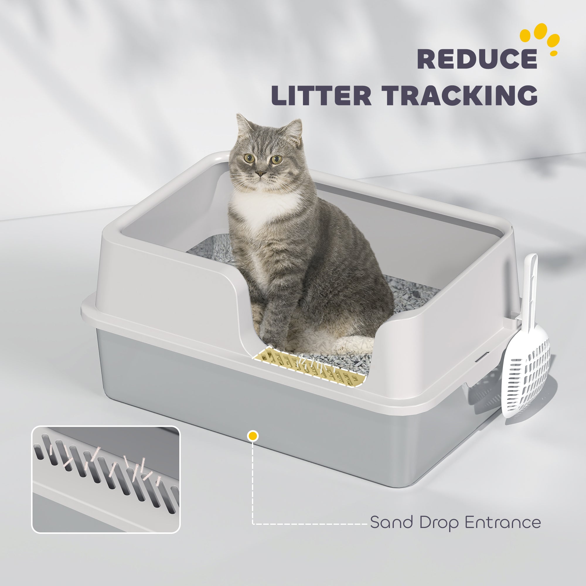 Stainless Steel Litter Box with Detachable Rim, Scoop, Easy Cleaning, Odour-Resistant, 60 x 40 x 28 cm