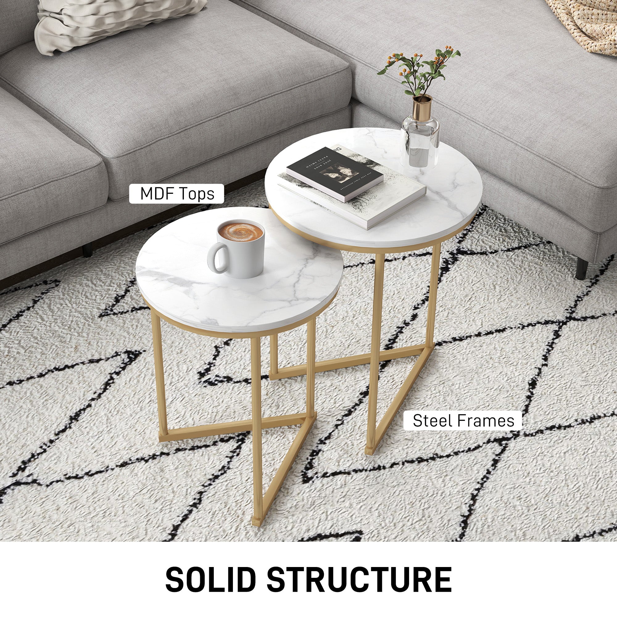 Set of Two Marble-Effect Nesting Tables with Gold-Tone Frames - White/Gold-Tone