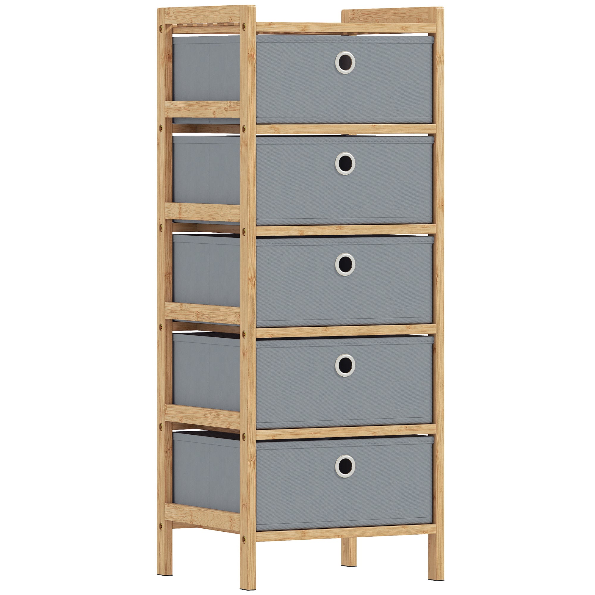 Chest of Drawers, 5 Fabric Drawers Narrow Dresser with Bamboo Frame, Light Grey