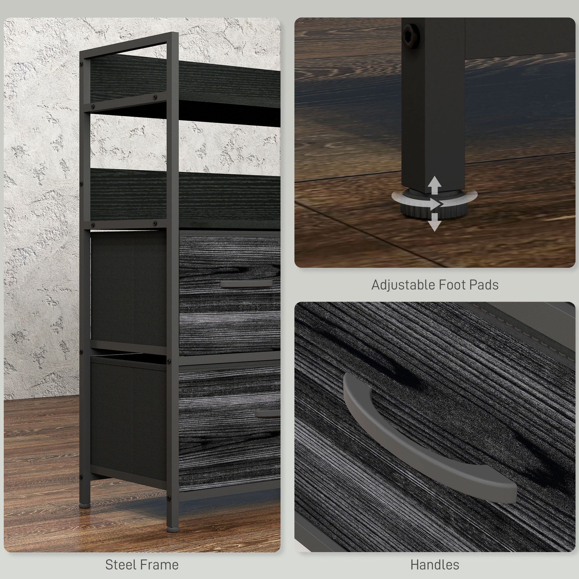 Rustic Chest of Five Fabric Drawers - Black