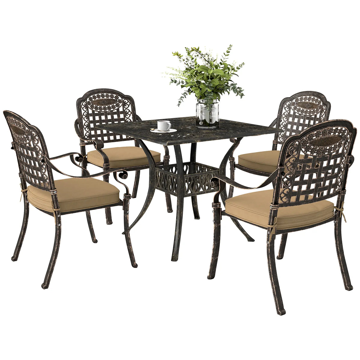 5 Piece Cast Aluminium Garden Dining Set with Cushions - Bronze Tone