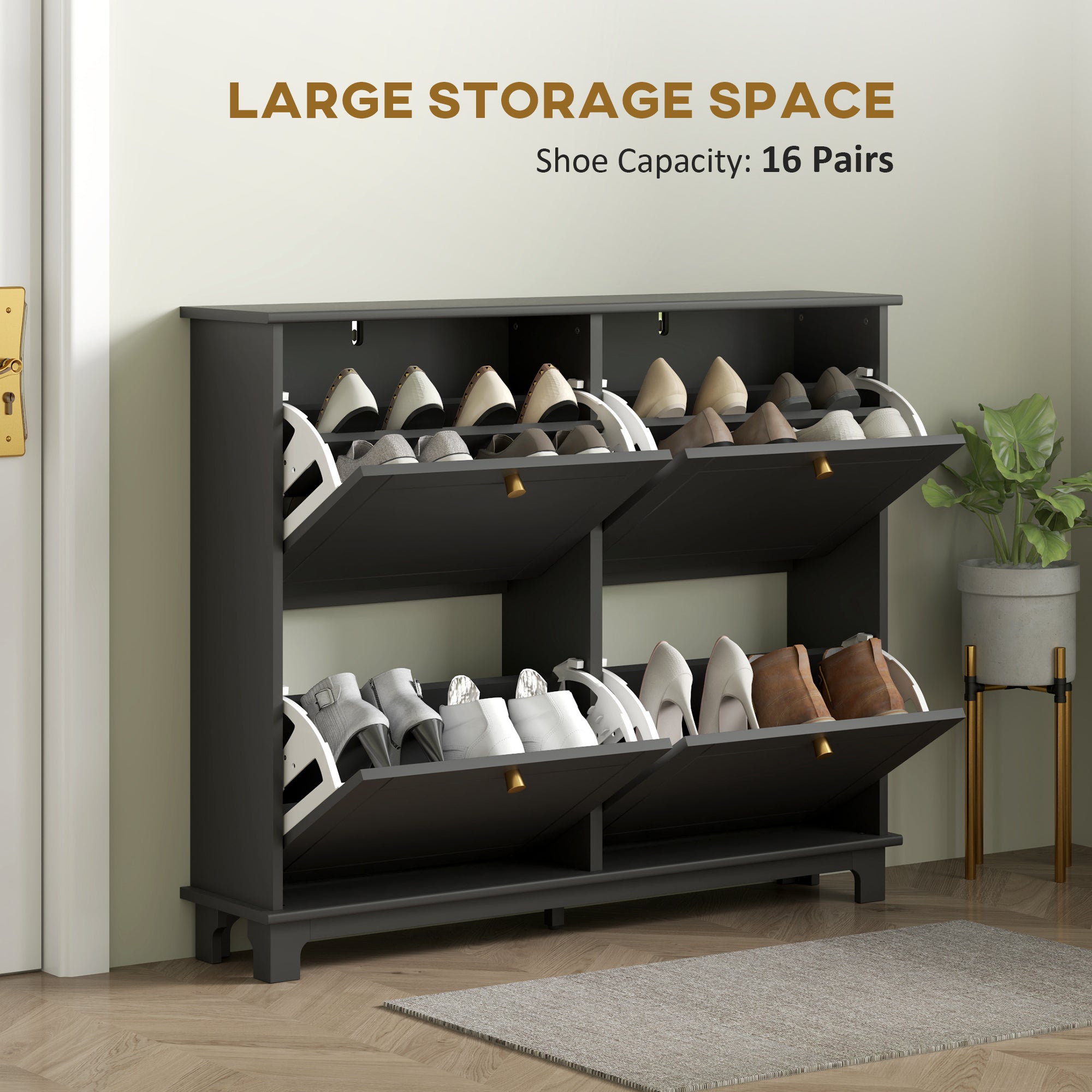Narrow Shoe Storage Cabinet, Slim Shoe Cabinet with 4 Flip Drawers, Adjustable Shelves for 16 Pairs of Shoes, Black