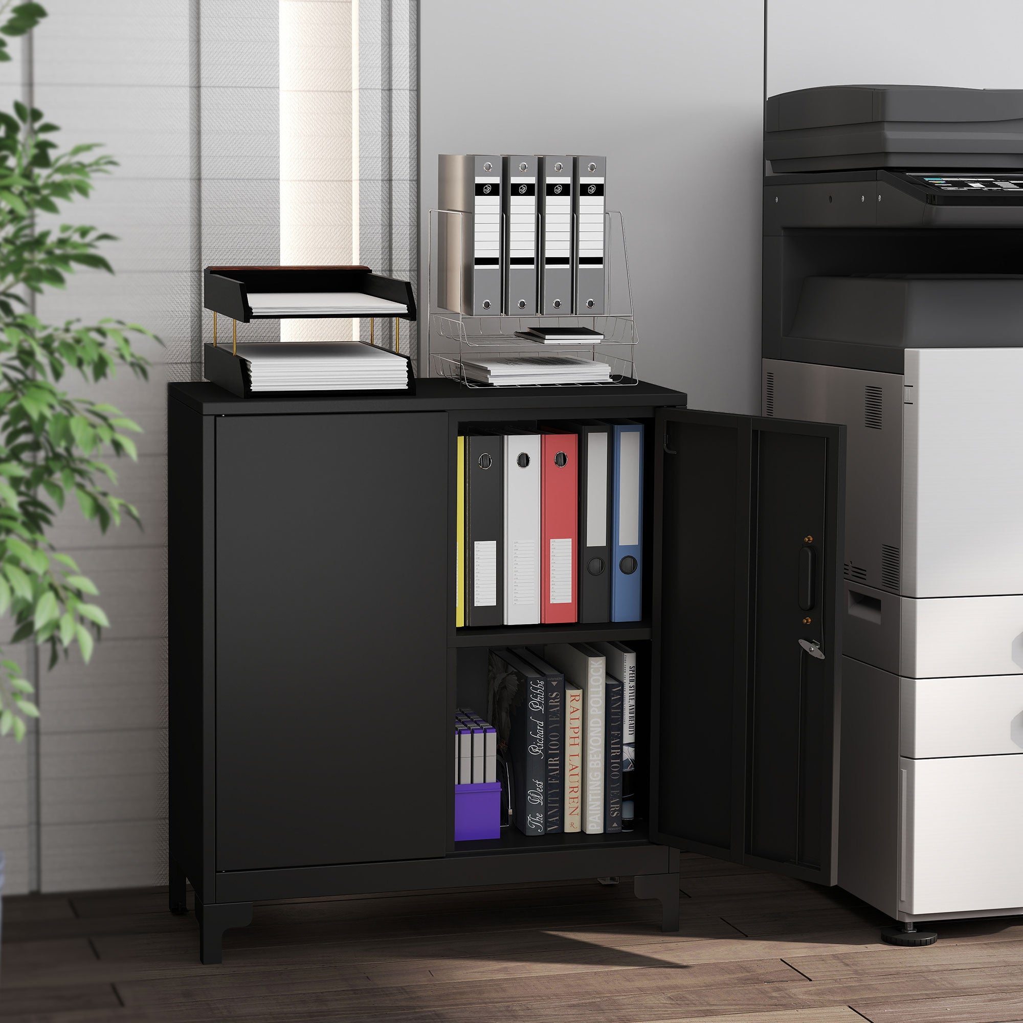 Lockable Metal Filing Cabinet, 2-Tier Storage Cupboard with Double Doors, Modern Office Organiser, Black