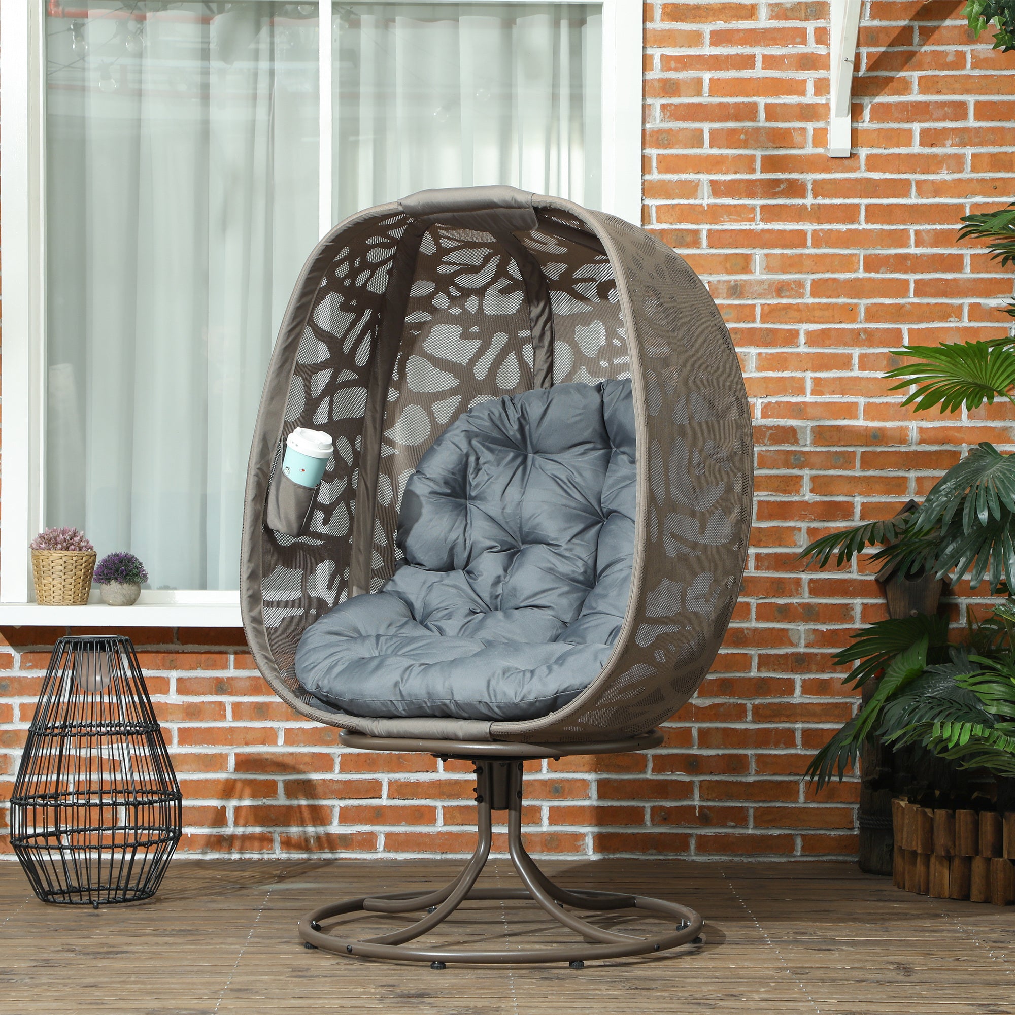 Swivel Egg Chair with Cushions and Metal Frame - Grey