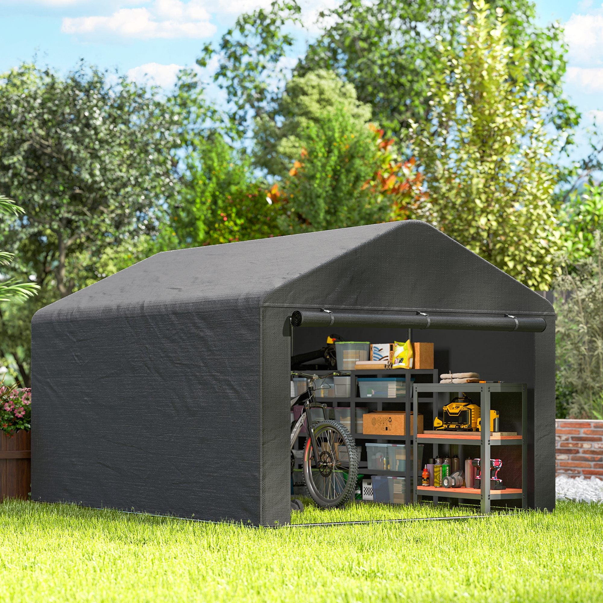 6.6 x 7.8ft Outdoor Garden Storage Shed, Waterproof Bike Tent with Roll-up Zipper Door, Galvanised Metal Frame, Portable Shed Shelter Carport for Motorcycle Garden Tools, Dark Grey