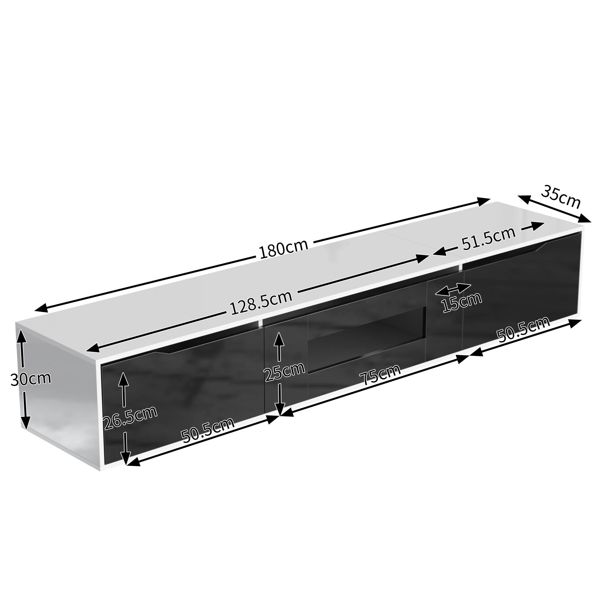 High-Gloss TV Cabinet with LED Lights, Modern Design, Versatile Mounting Options, 180L x 35W x 30H cm, Black