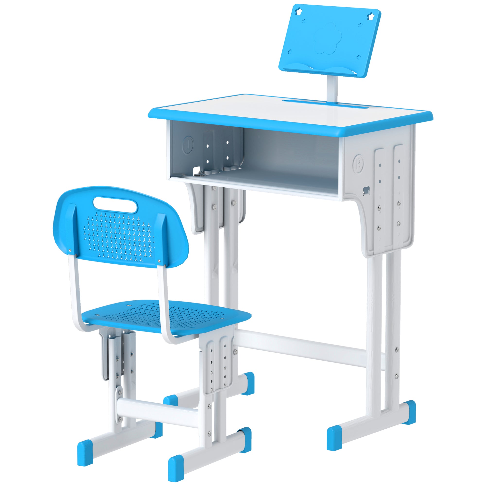 Kids Adjustable Desk and Chair Set, Book Stand, Pen Slot - Blue