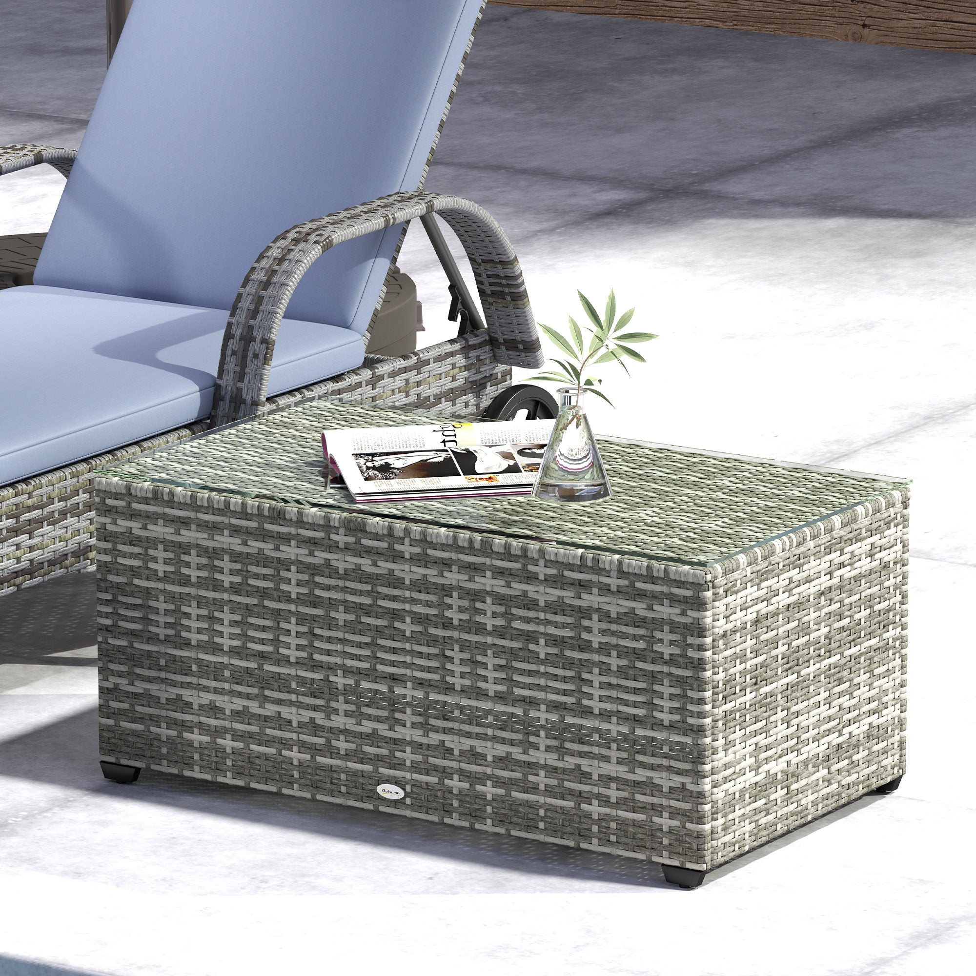 90 x 50cm Rattan Side Table with Glass Top - Light Grey