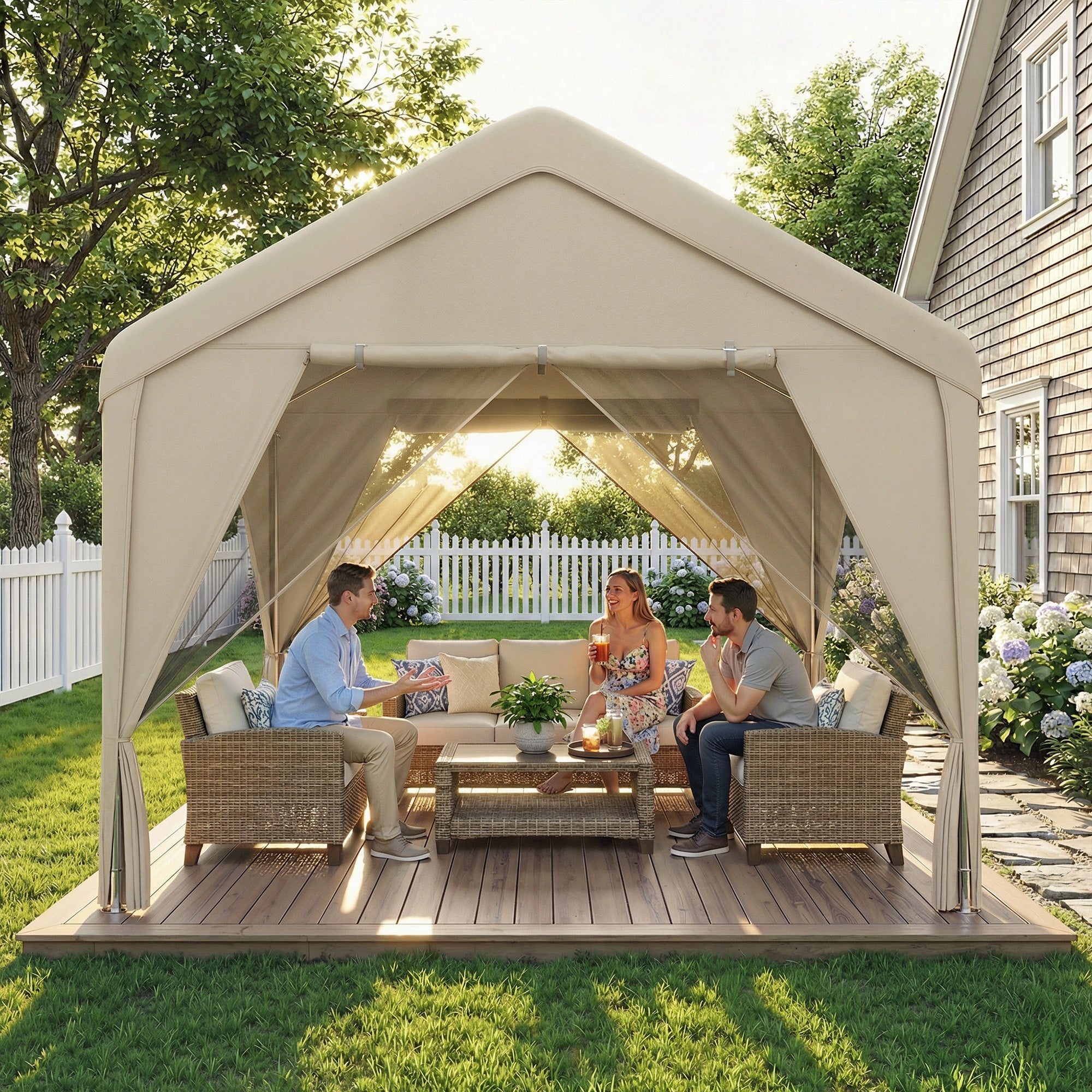 3 x 3 m Patio Gazebo with Netting & Curtains, Outdoor Canopy Shelter with Galvanised Steel Frame, Khaki