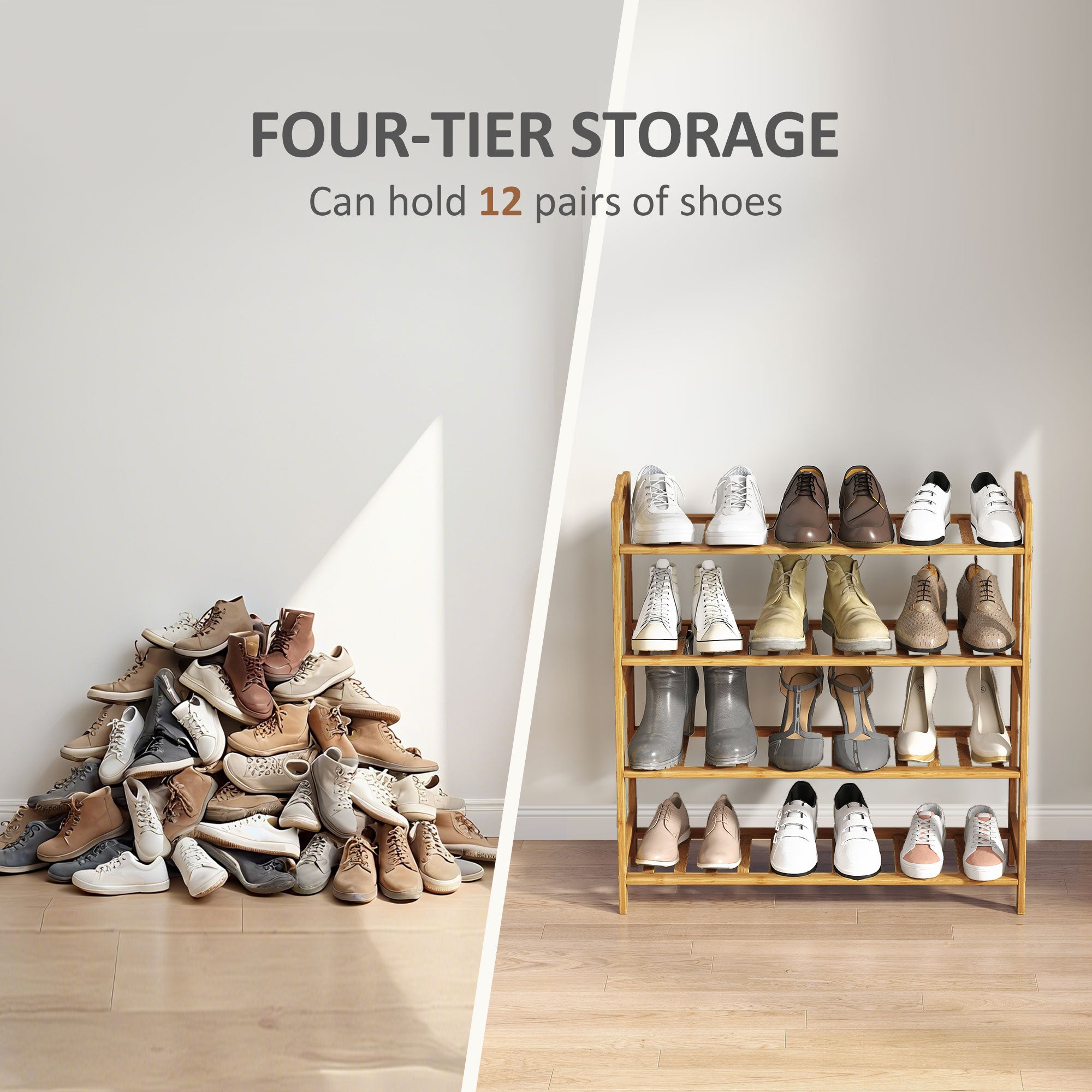 Freestanding Bamboo Shoe Rack, 4-Tier Shoe Shelf Stand for Hallway, Living Room, Bedroom, Natural Wood Finish