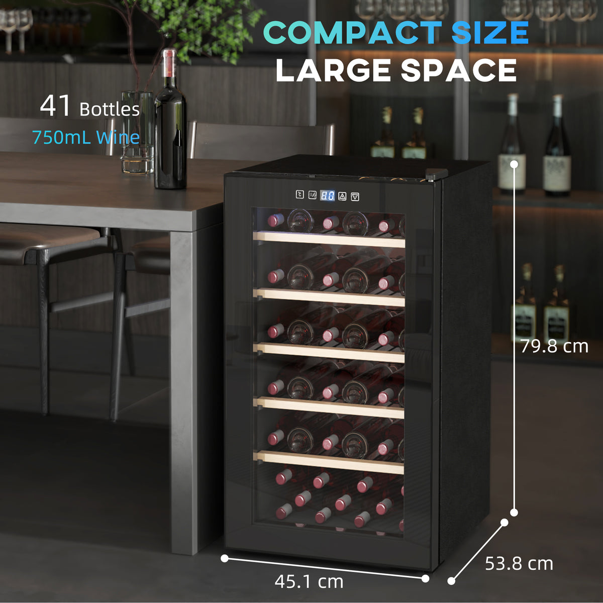 41 Bottle Wine Fridge 91L with Glass Door, LED Light & Digital Touch Control - Black