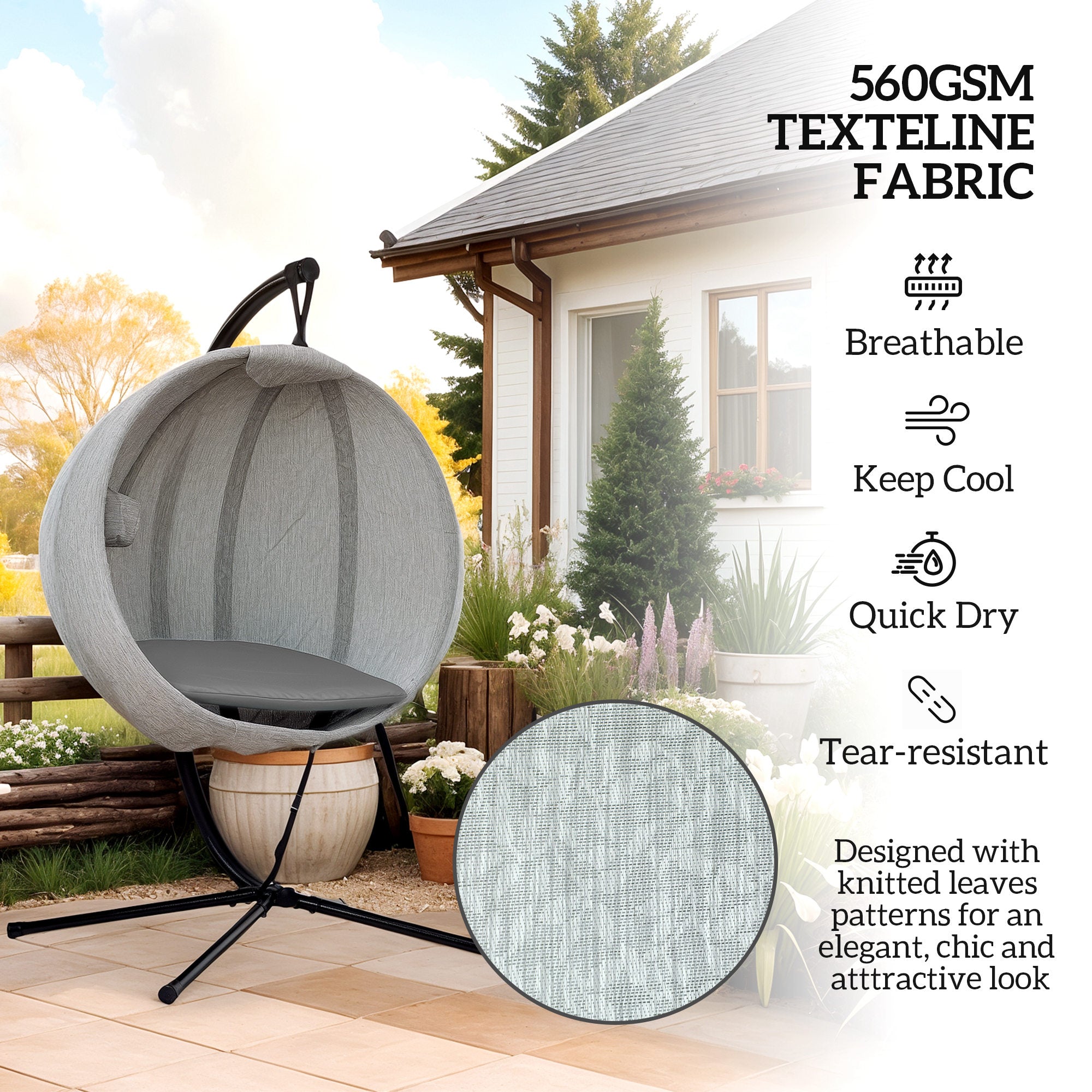 Hanging Egg Chair with Stand and Thick Cushions - Grey