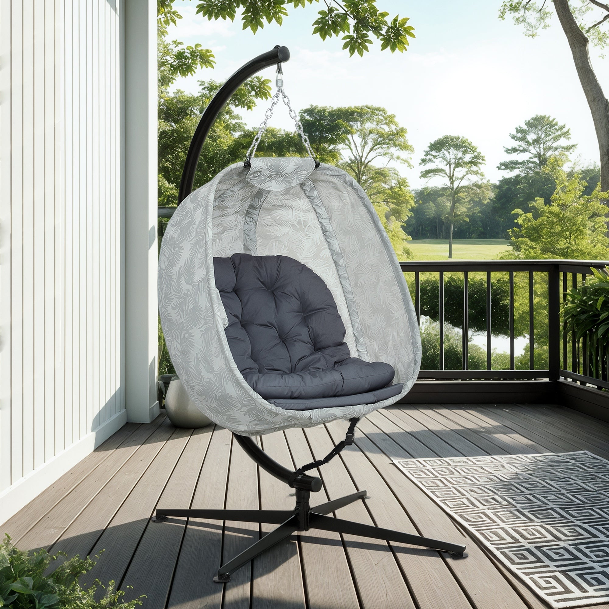 Hanging Egg Chair with Stand and Thick Cushion - Grey