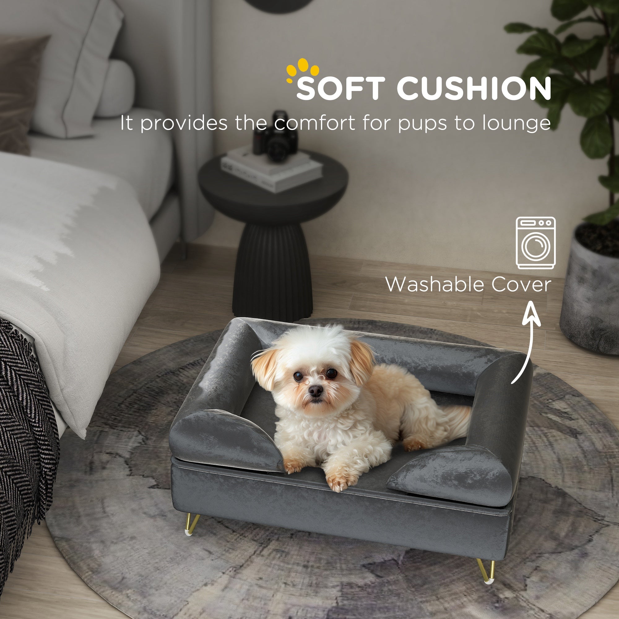 Cat Sofa Pet Couch w/ Removable Backrest, Soft Cushion, Washable Cover, for Small and Medium Sized Dogs, Grey