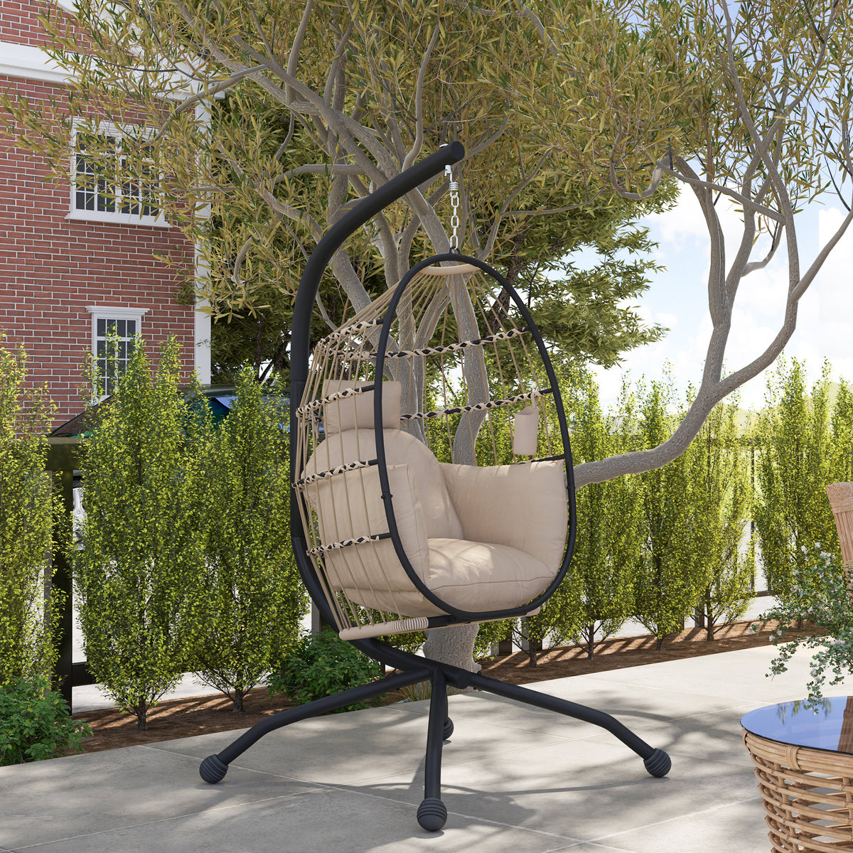 Hanging Egg Swing Chair with Folding Basket, Thick Cushion, Headrest & Cup Holder for Indoor Outdoor Patio Balcony - Khaki