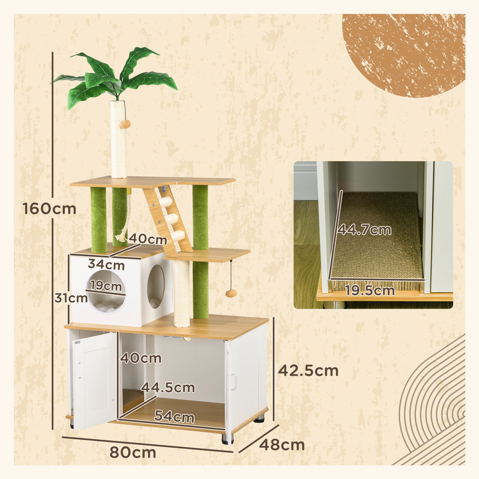 2-in-1 Hidden Cat Litter Box, Green Leaf Cat Tree, with House, Ladder, Scratching Posts, Platforms, Indoors -Oak