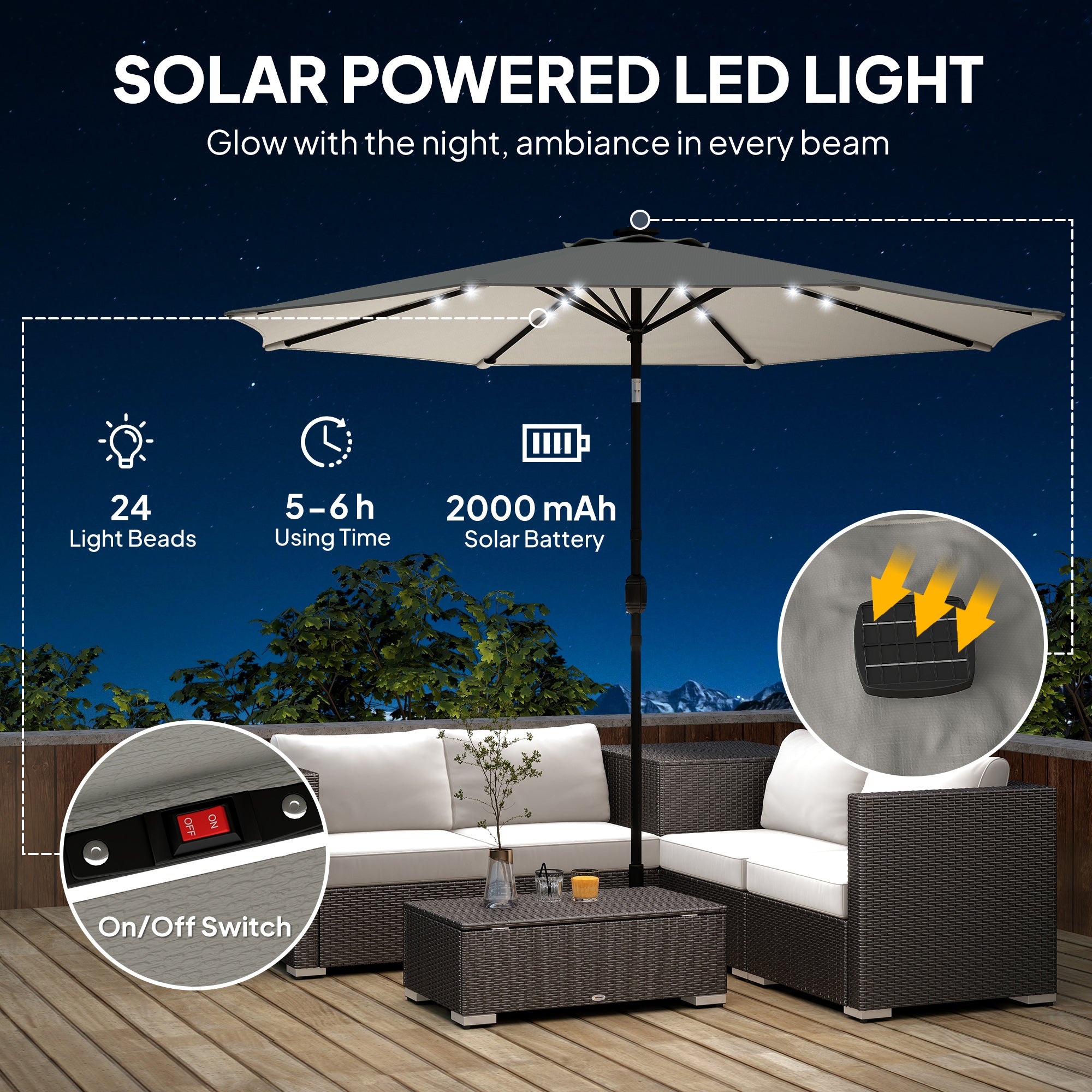2.6 m Garden Parasol Umbrella with LED Solar Light, Parasol Cover, Outdoor Market Patio Umbrella, Light Grey