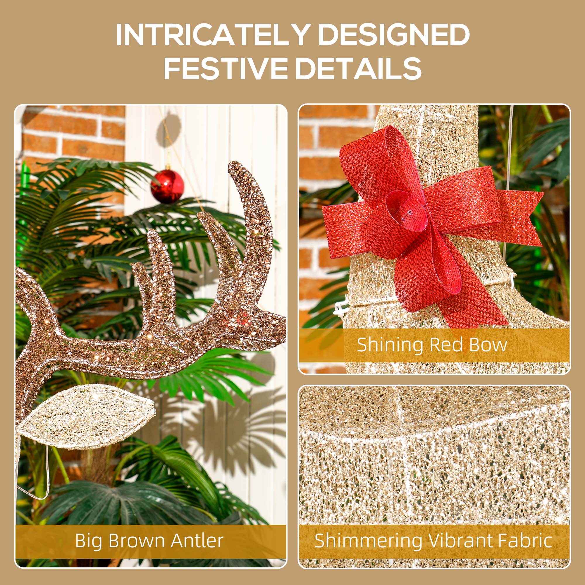 Lighted Reindeer Christmas Decorations Outdoor, 3-Piece Light Up Deer Family Set of 3 with 283 LED Lights for Indoor, Lawn, Garden, Gold Tone