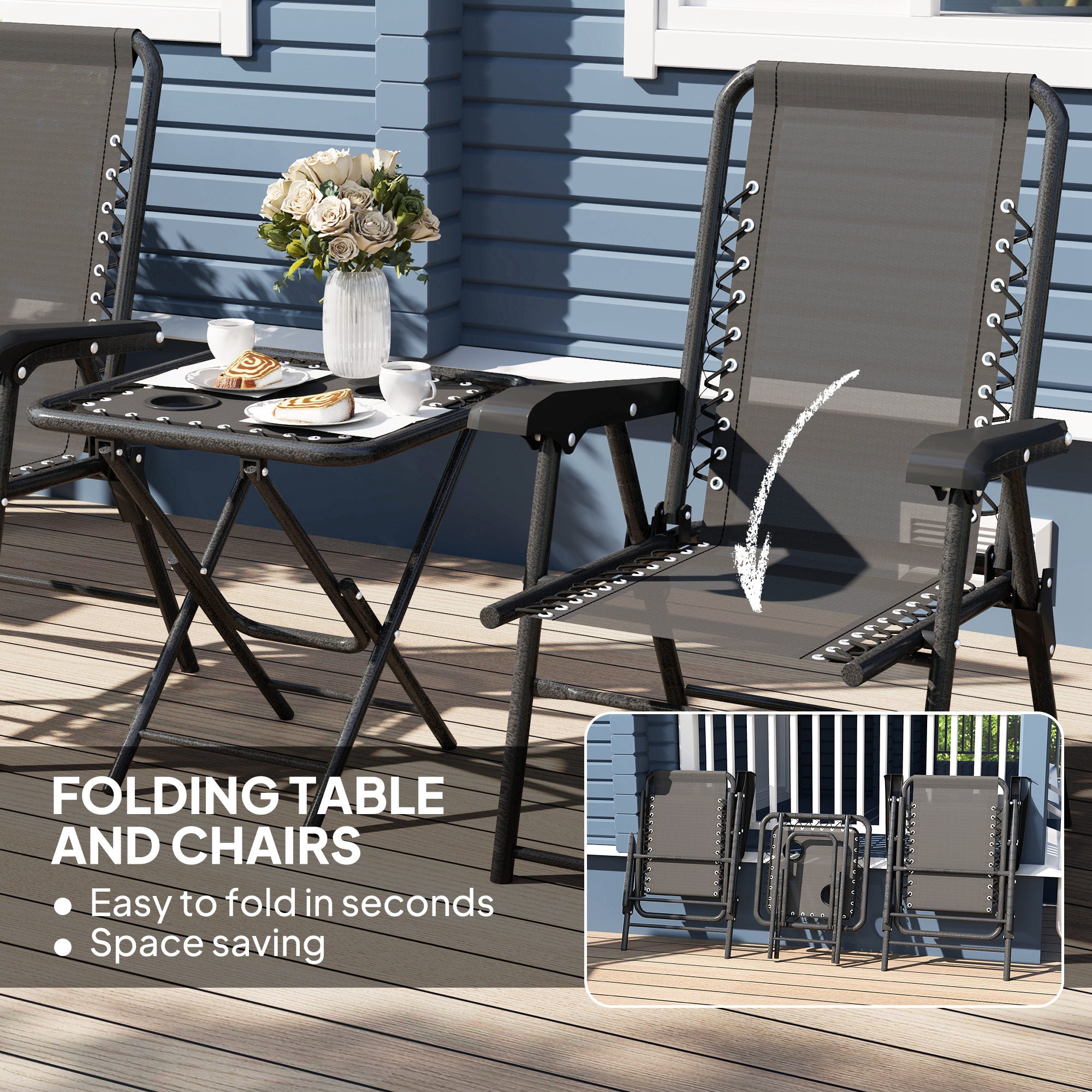 3 Piece Garden Table and Chair Set with Texteline Fabric - Black