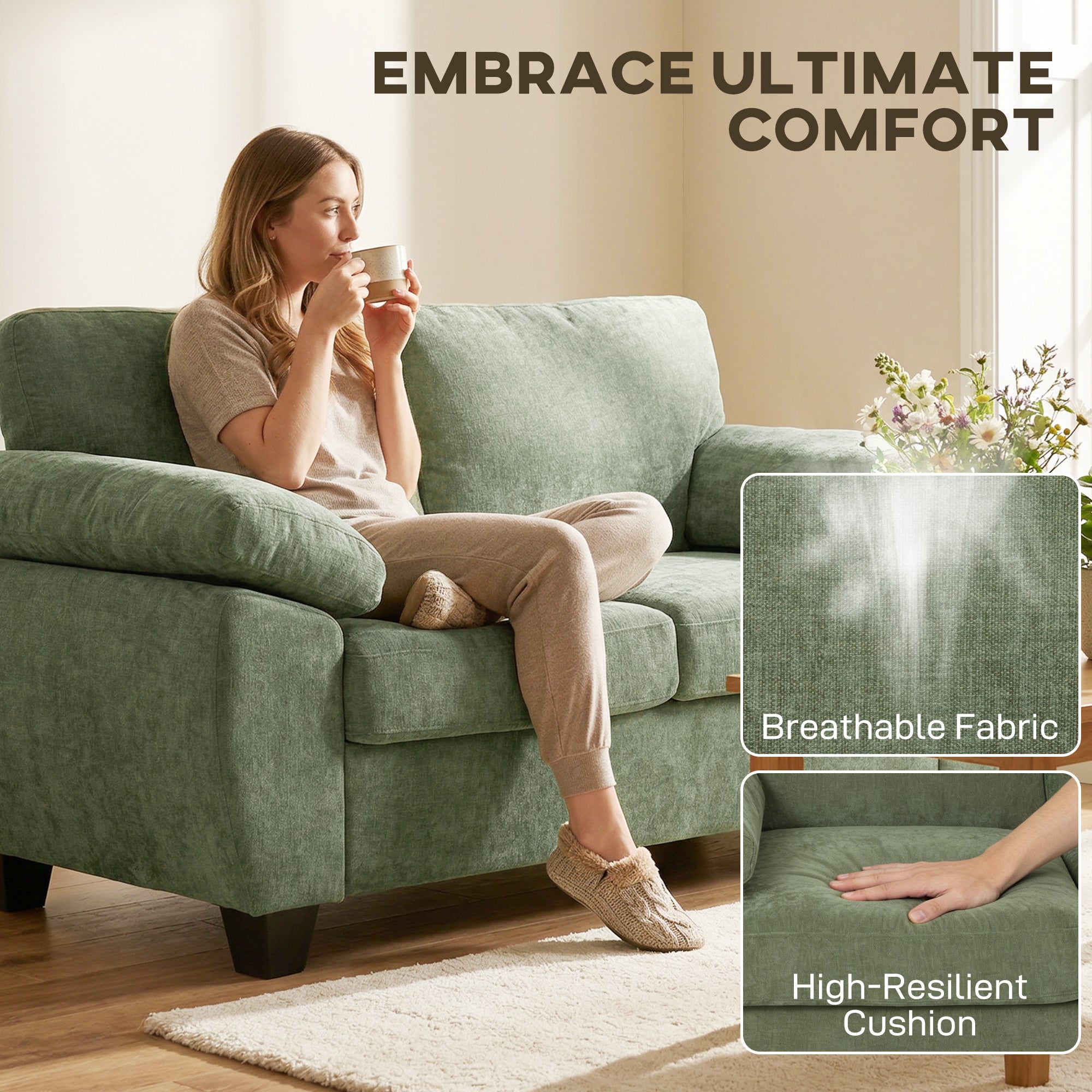 2 Seater Sofa, 156cm Chenille Loveseat Sofa, Dark Green