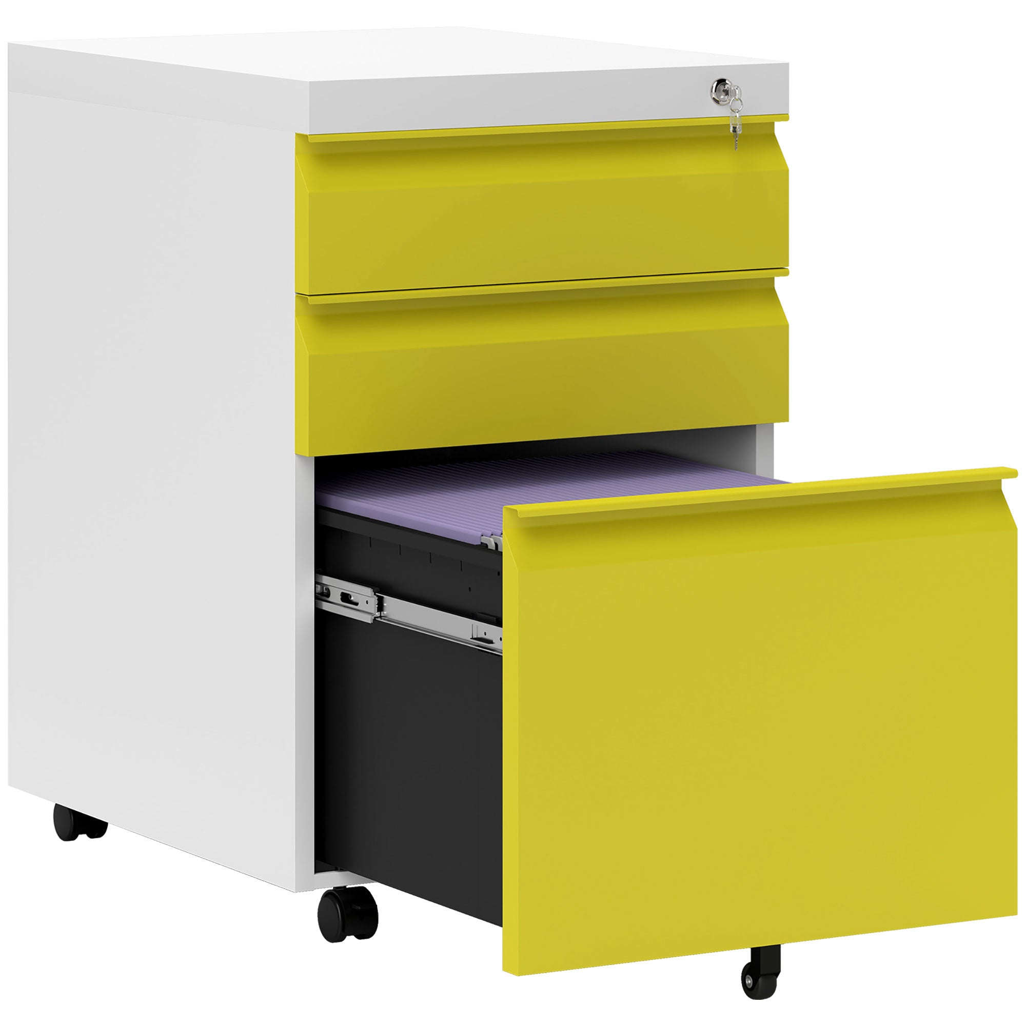 3 Drawer Filling Cabinet, Mobile Metal File Cabinet with Anti-tilt Design for Letter, A4, Legal Size, Yellow