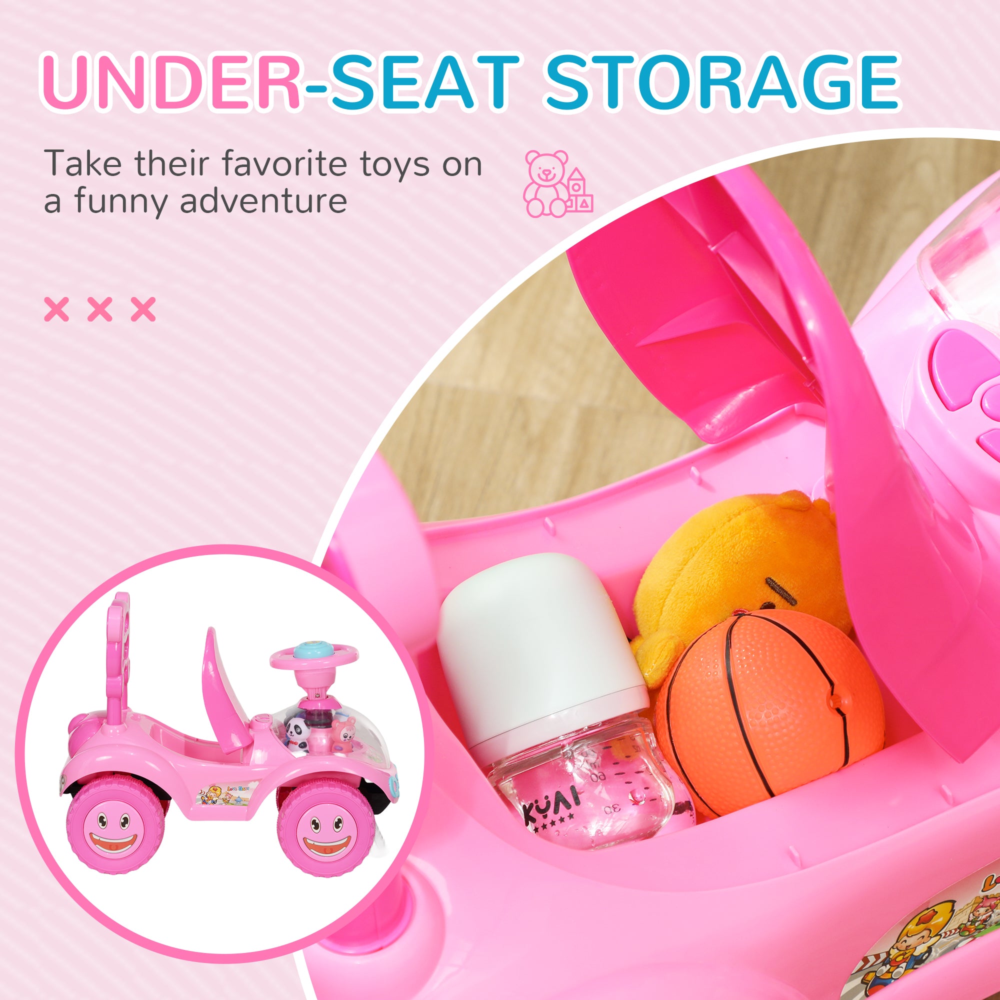 Foot to Floor oddler Ride on Toy w/ Music, Light, Horn, Under Seat Storage, Anti-Over-Backwards Device, Pink