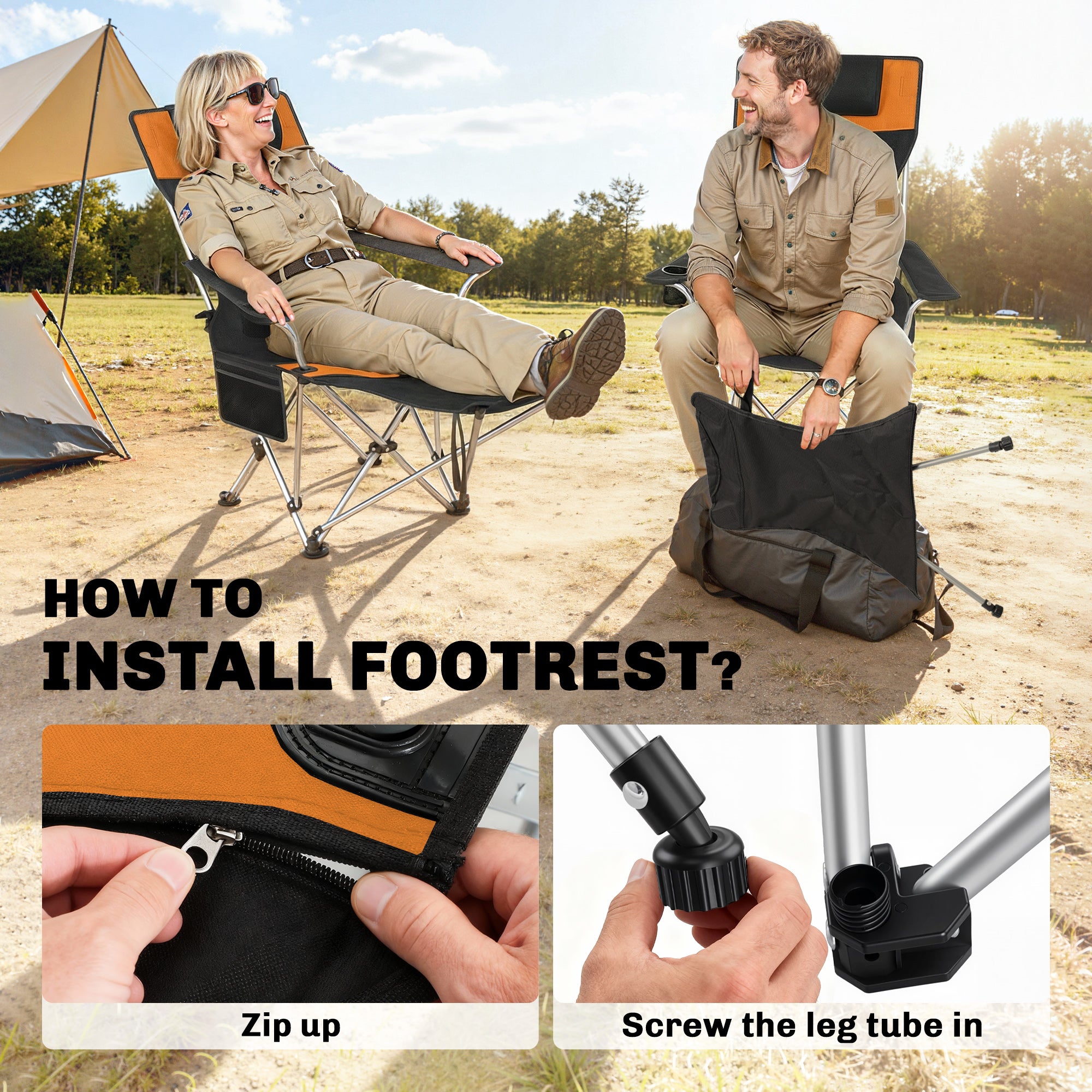 Set of 2 Reclining Folding Camping Chair w/ Detachable Footrest, Storage Bag, Cup Holder & Headrest, Lightweight Portable Camp Chair for Beach, Picnic, Orange and Black