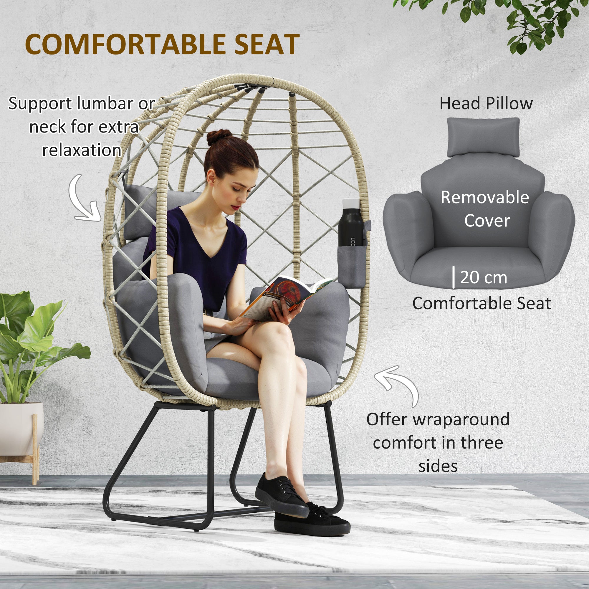 Rattan Egg Chair with Thick Cushion and Headrest Grey
