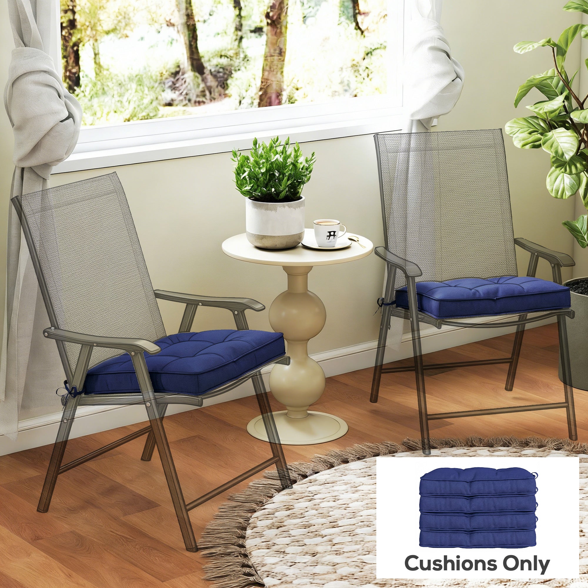 Garden Seat Cushion with Ties, 42 x 42cm Replacement Dining Chair Seat Pad, Dark Blue