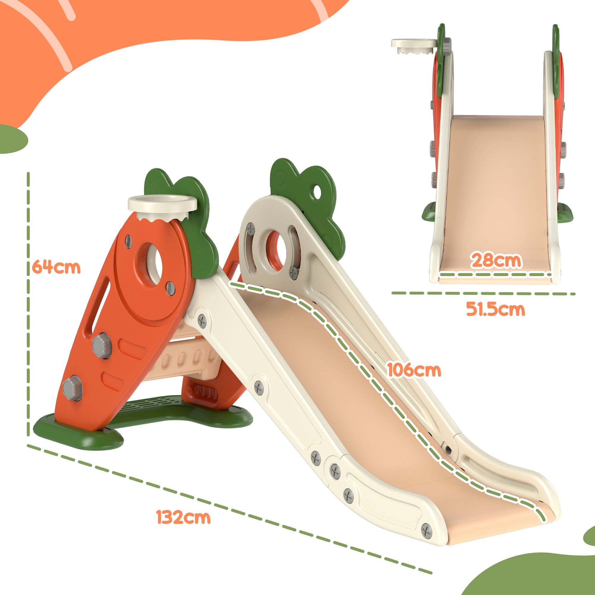 3 in 1 Foldable Toddler Slide with Basketball Hoop, Climber, Carrot-themed, for 1-3 Years