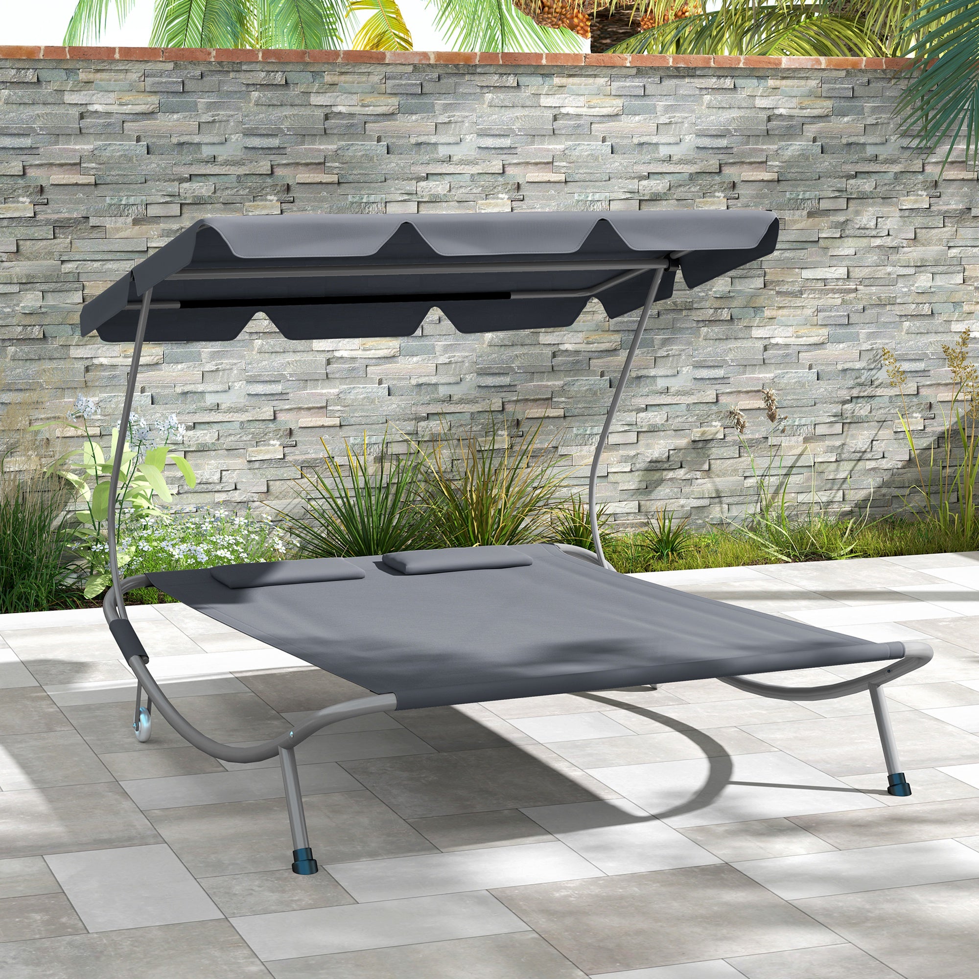 Double Outdoor Bed with Adjustable Canopy and Steel Frame - Light Grey