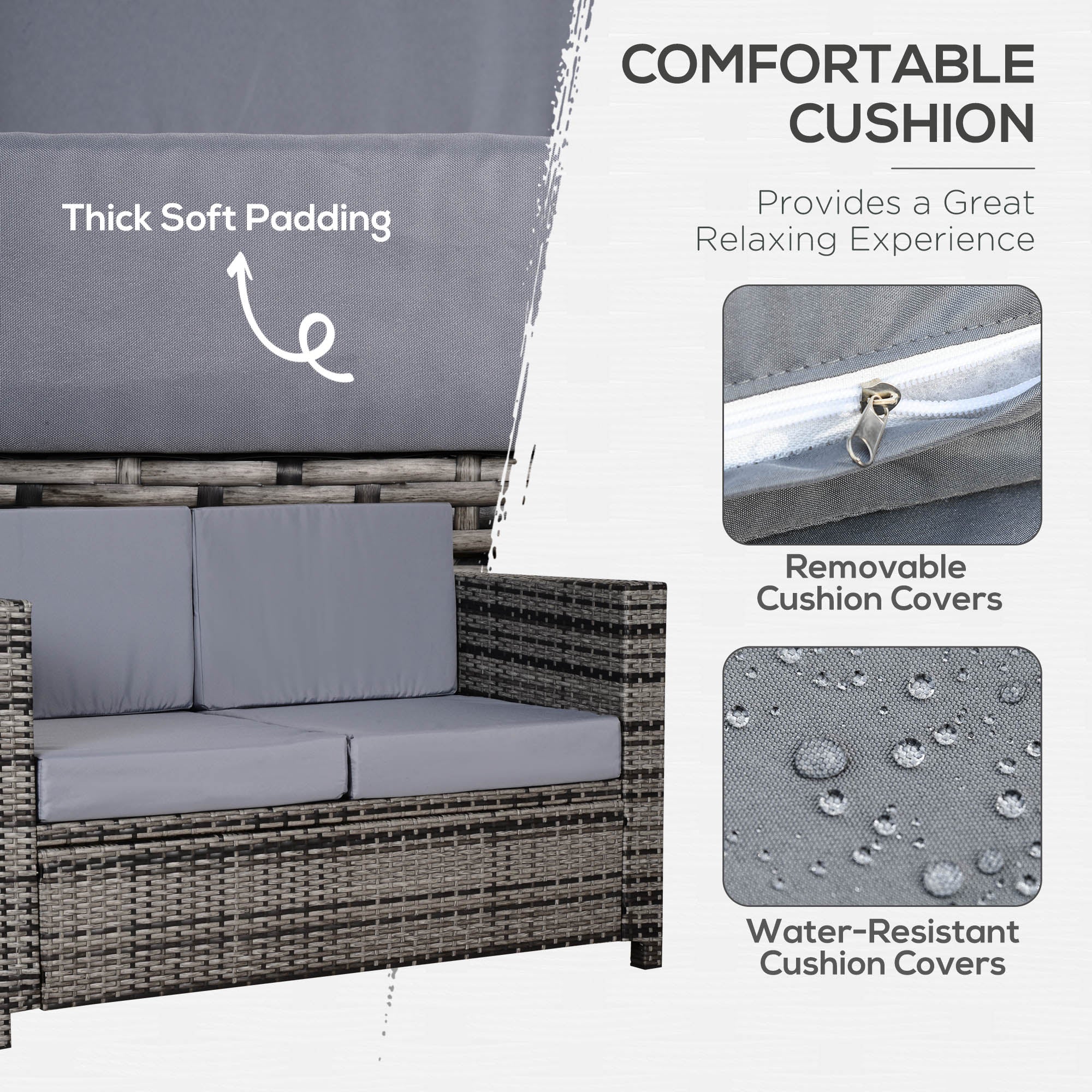 2 Seater Rattan Garden Sofa with Water-Resistant Cushions - Mixed Grey