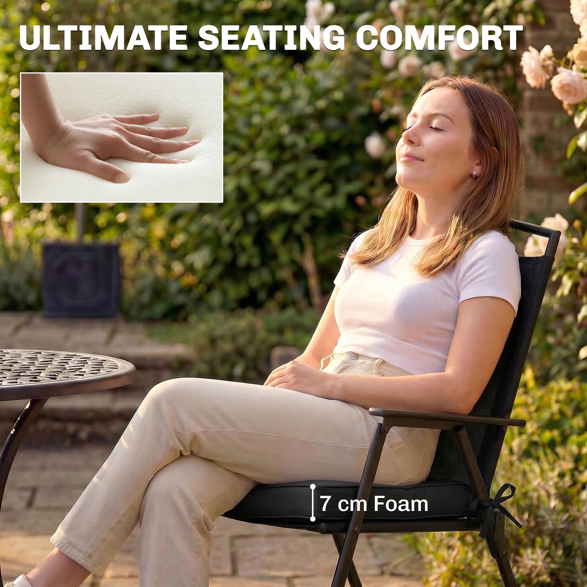 Outdoor Chair Seat Cushions Set of 2, Garden Chair Cushions with 7cm Thick Foam & Ties, Black