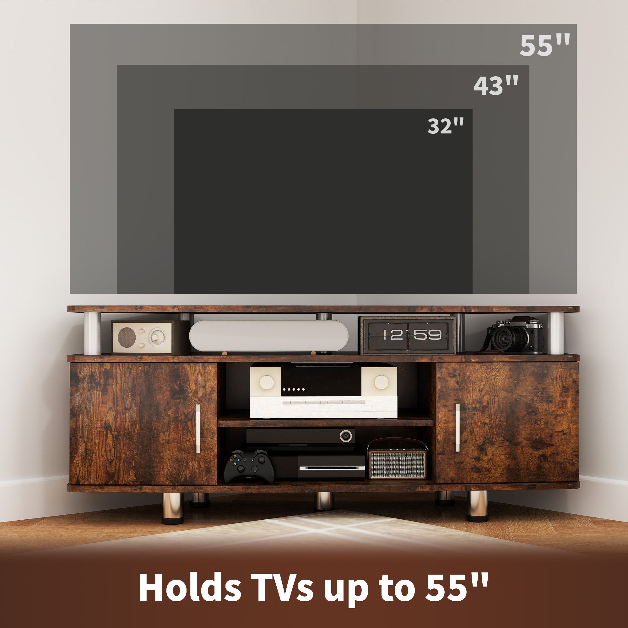 TV Unit Cabinet for TVs up to 55 Inches with Storage Shelves and Cupboard - Rustic Brown