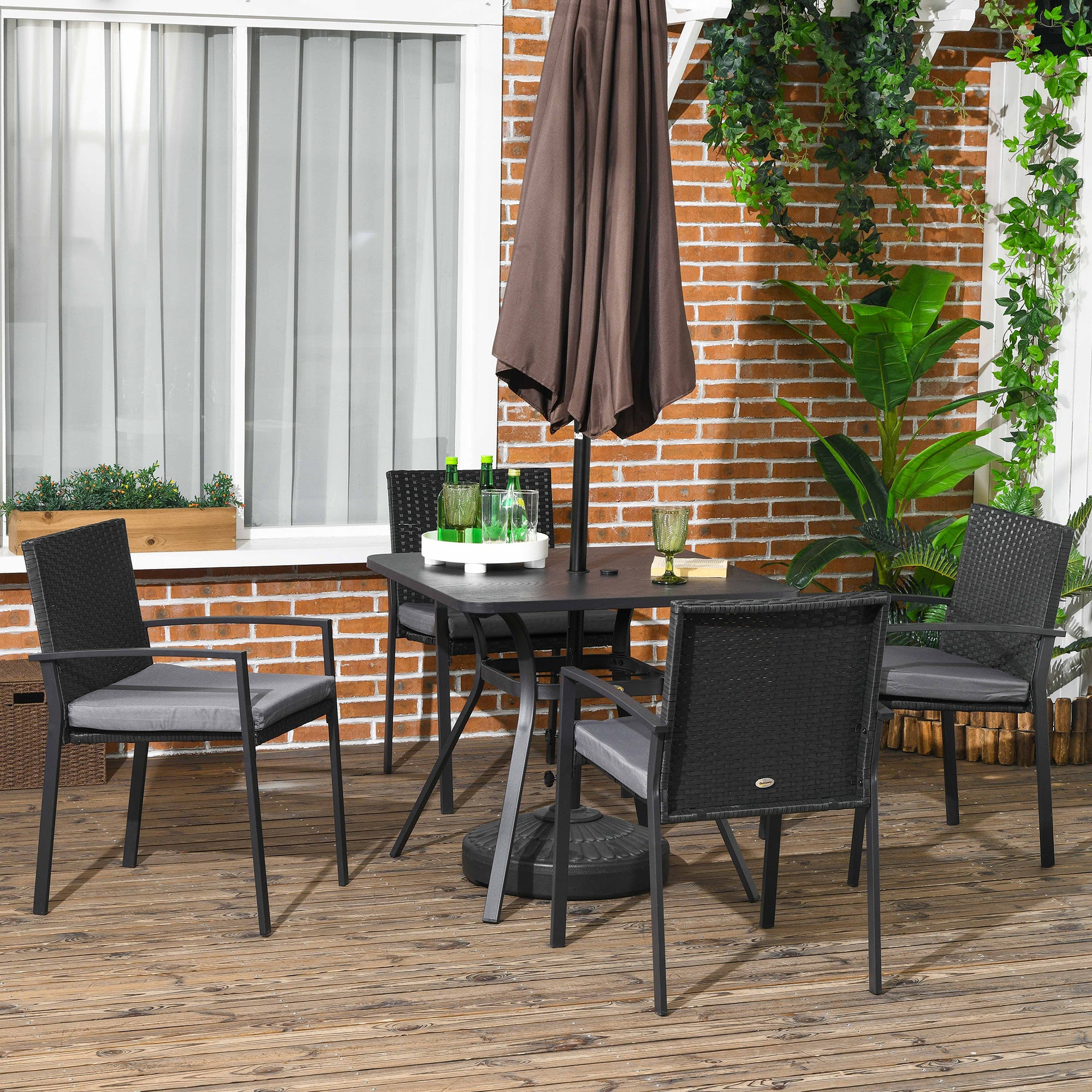 Five-Piece Garden Dining Set, with Rattan Seat Chairs and Cushions - Black